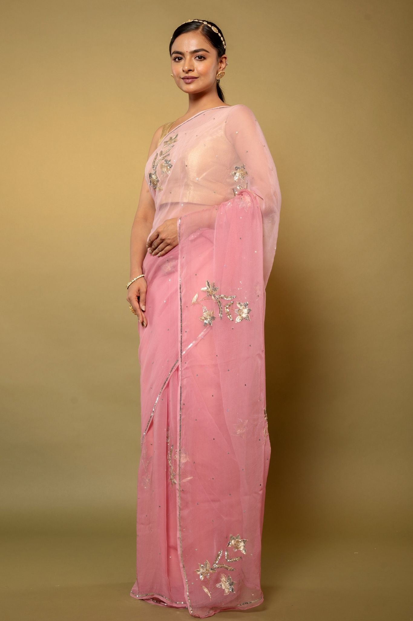 mate pink Viscose Chiffon Aari sequins Motif handwork casual wear saree