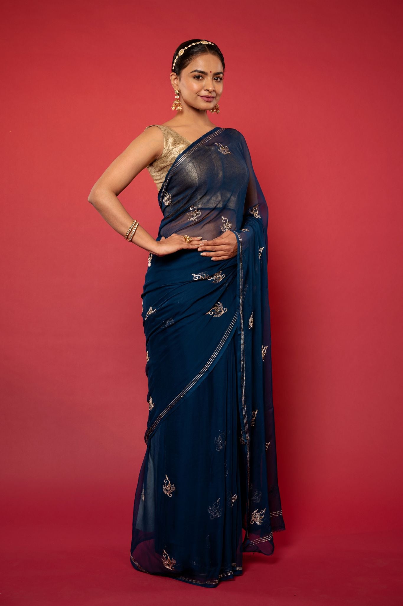 Dark blue viscose chiffon aari sequins handwork casual wear saree