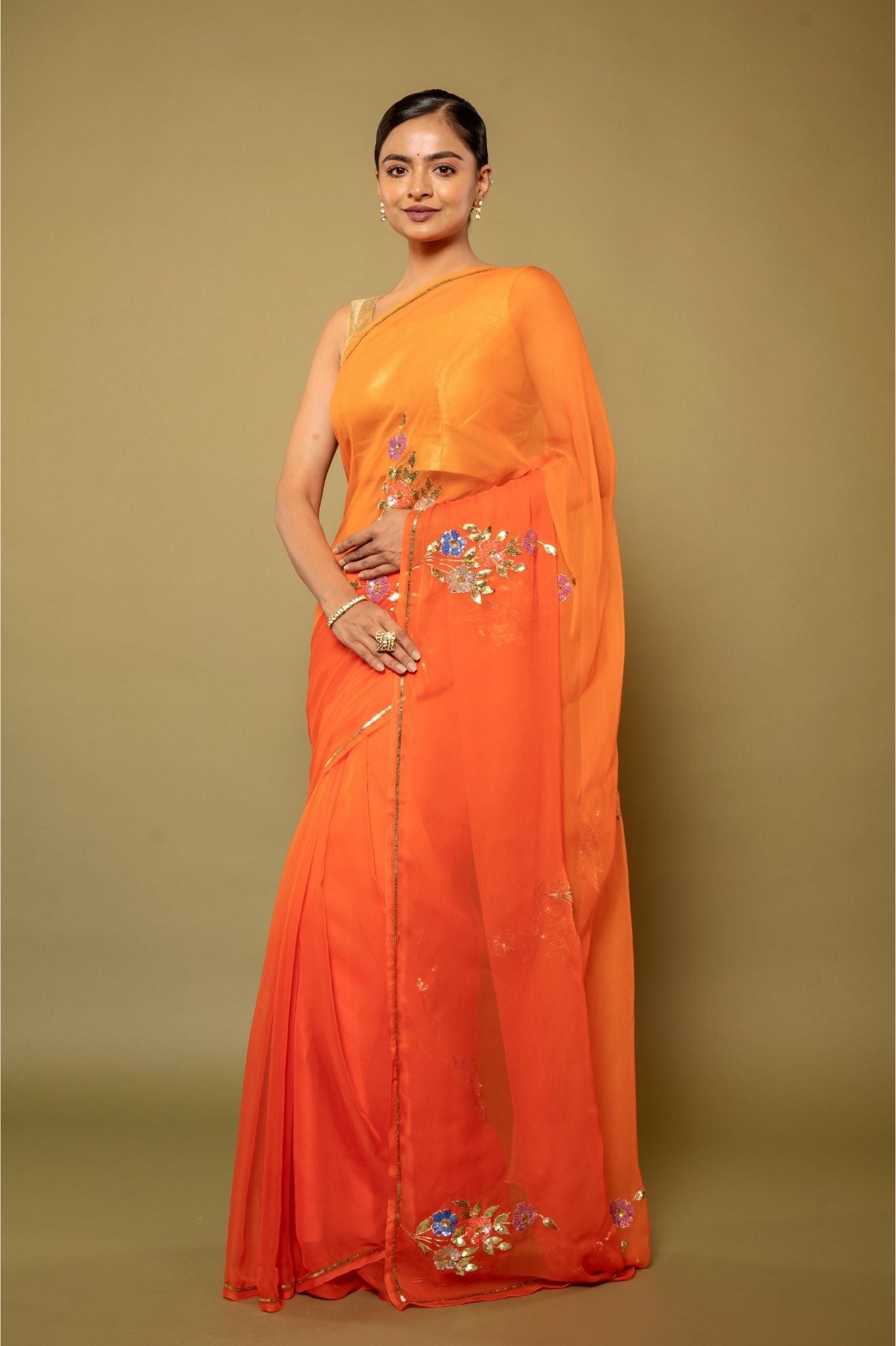 Orange light dark Viscose Chiffon sequins motif handwork casual wear Saree