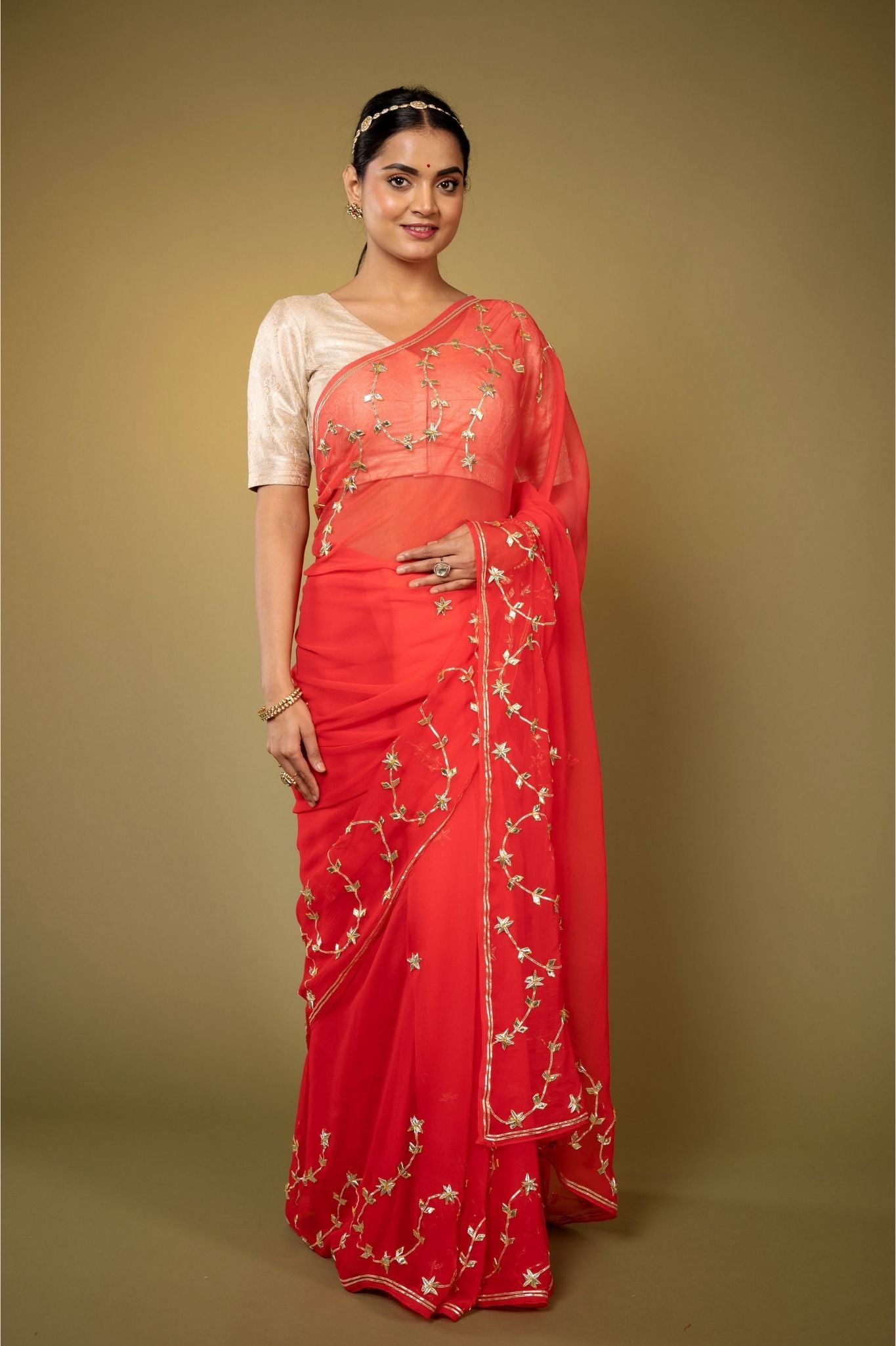Warm Red Viscose Chiffon Sikhiya gota mohri pati border butti handwork casual wear saree