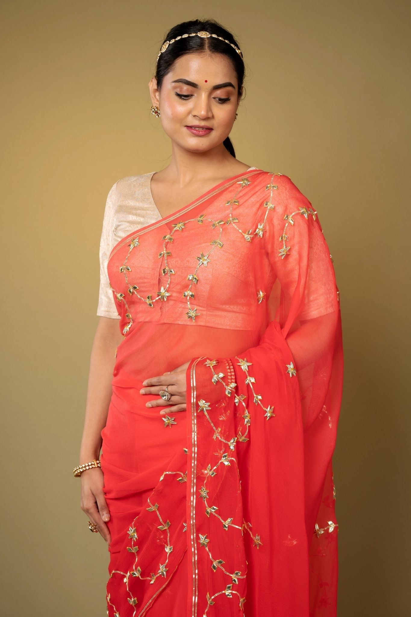 Warm Red Viscose Chiffon Sikhiya gota mohri pati border butti handwork casual wear saree