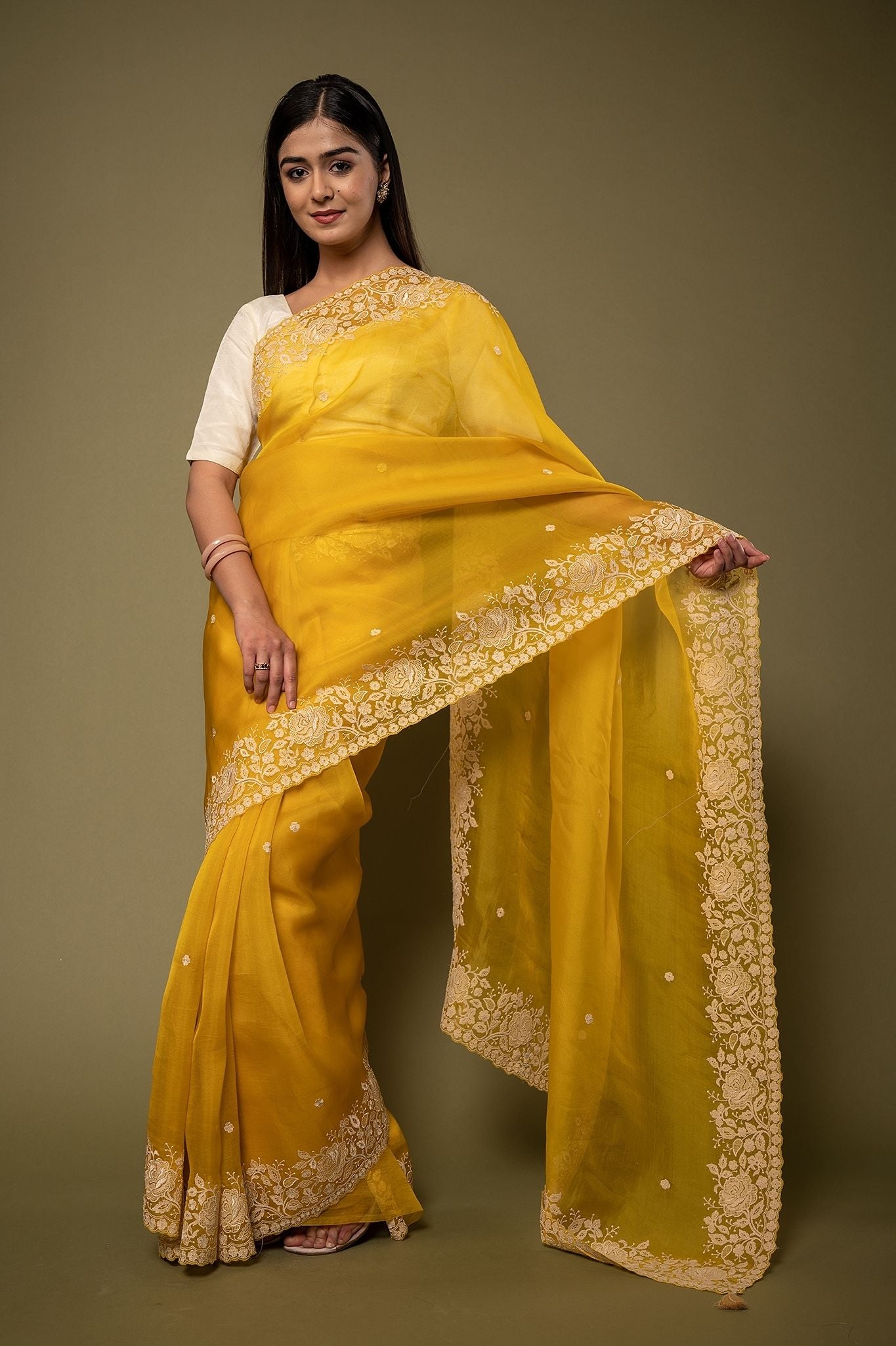 Yellow Organza resham border butti handwork saree