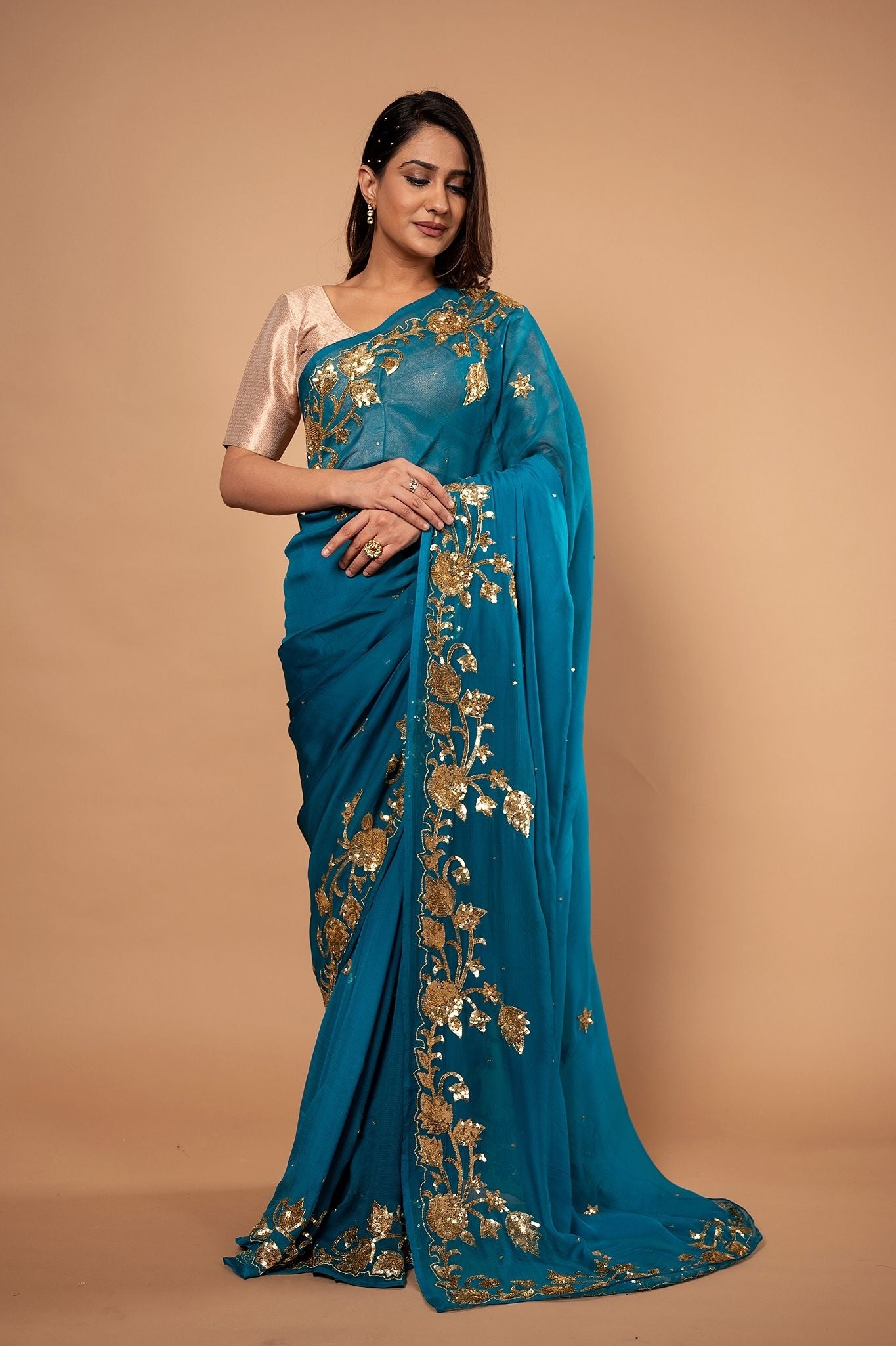Rama Blue Pure Chiffon sequins border butti work Handwork saree