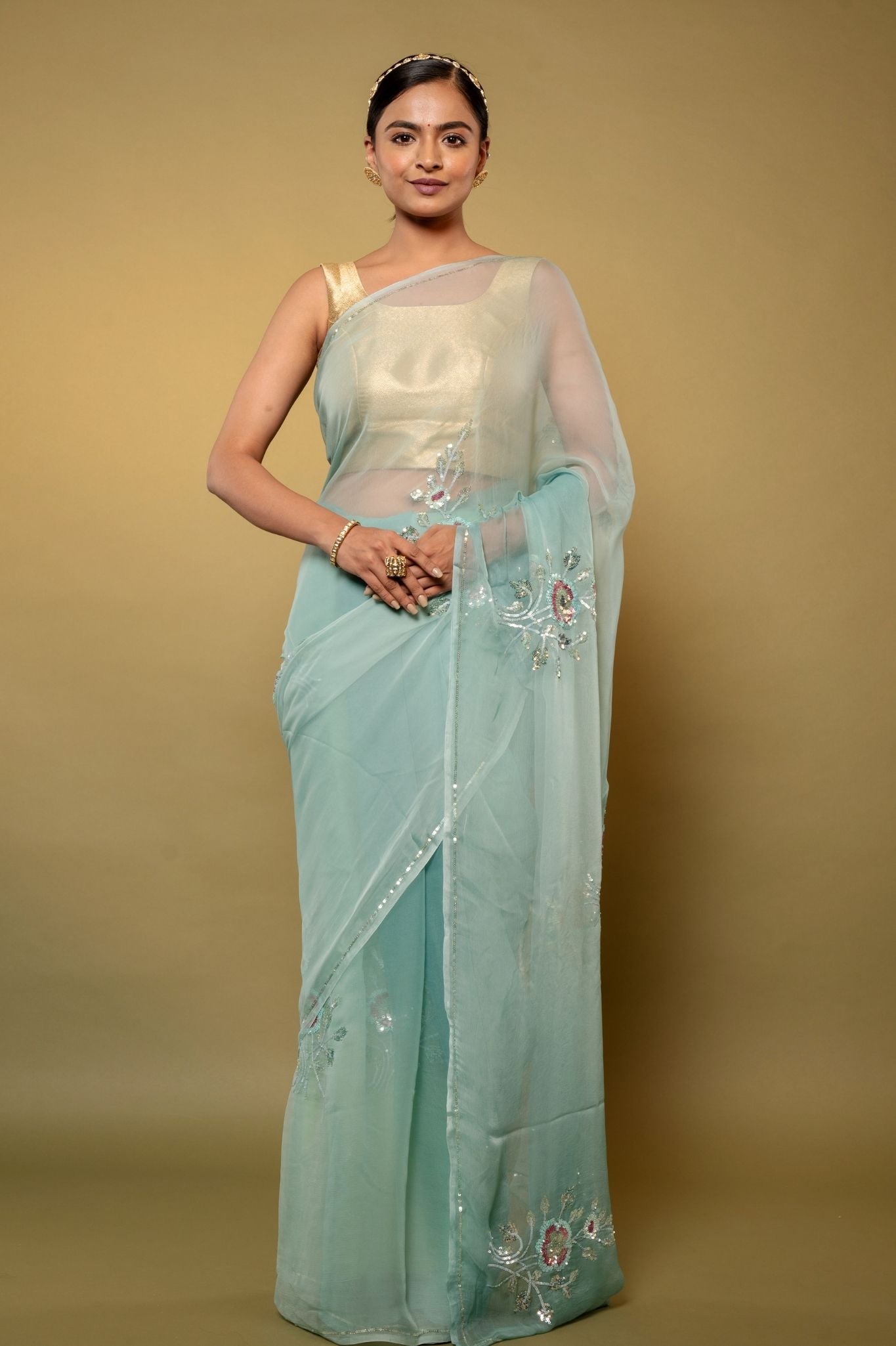 Greyish Green Viscose Chiffon sequins motif handwork party wear saree
