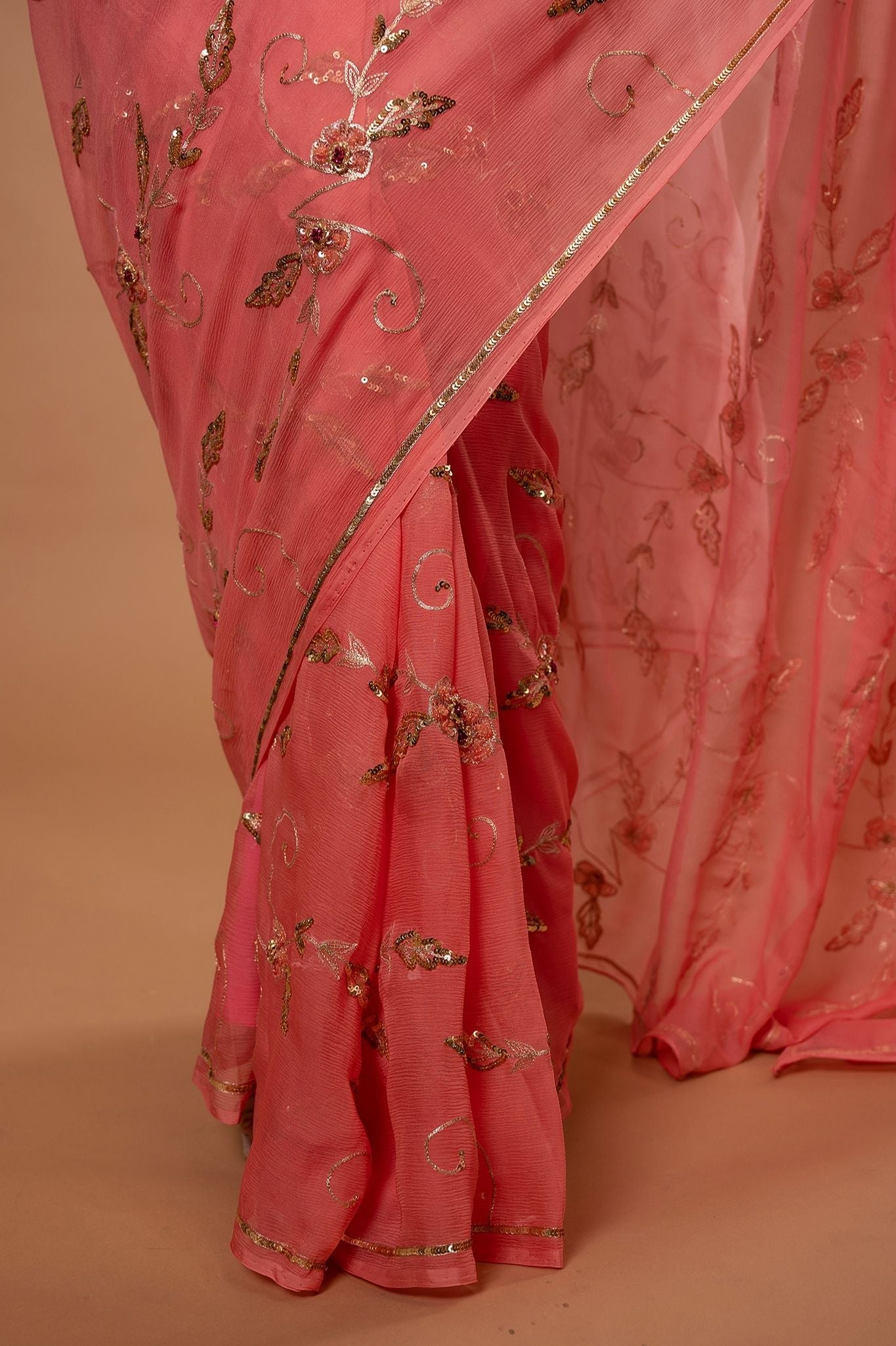 Peach light dark Pure Chiffon Aari sequins jaal handwork saree