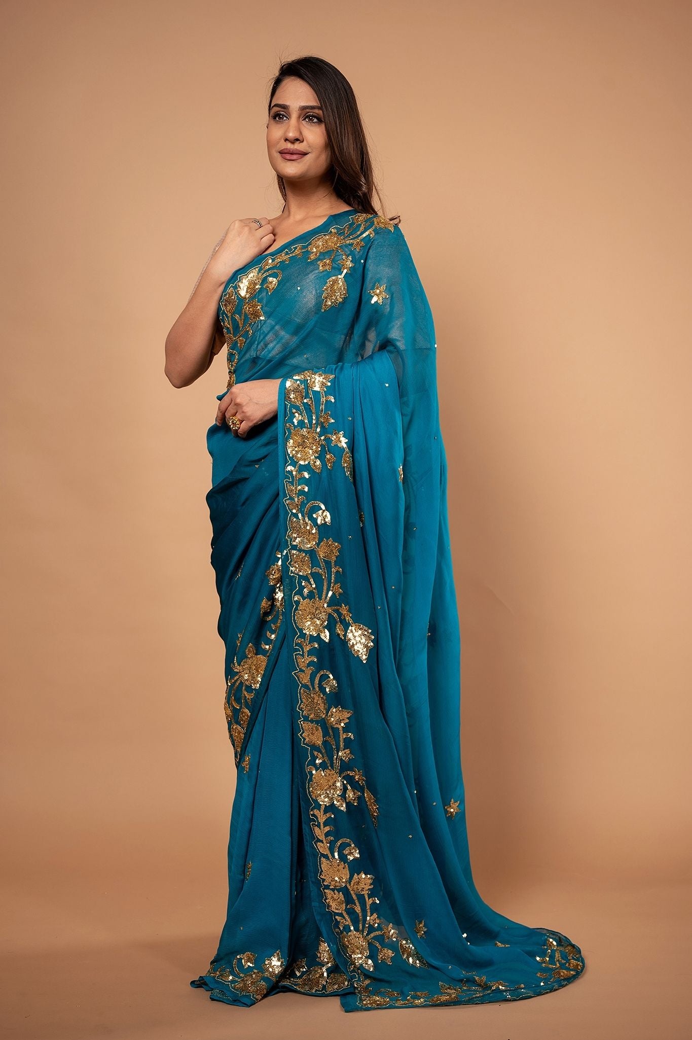 Rama Blue Pure Chiffon sequins border butti work Handwork saree