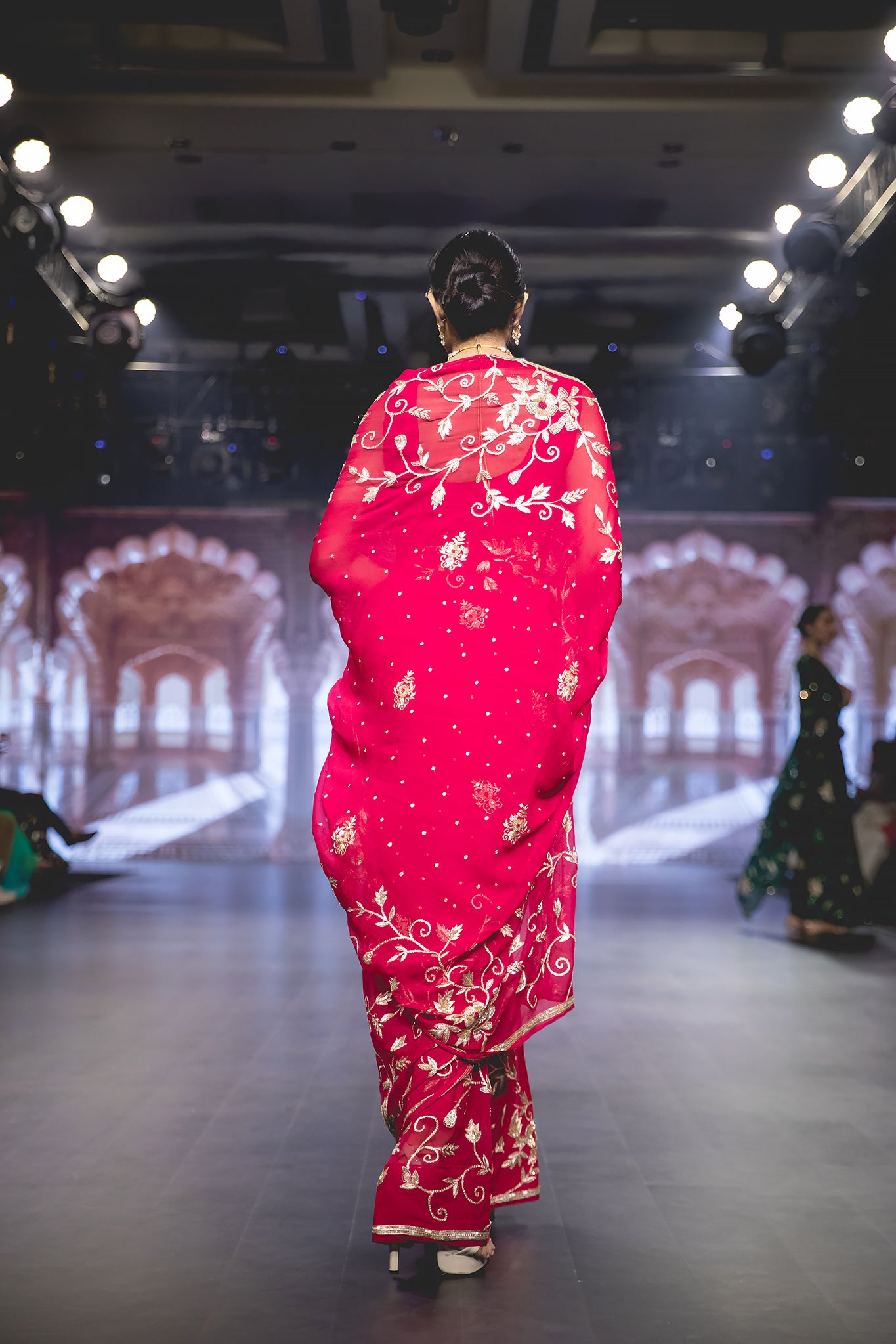 Red Pure Chiffon Aari Sequins Zardozi French Knot Flower Leaf Motif (Booty) all over Jaal Handwork Party Wear Saree with Blouse