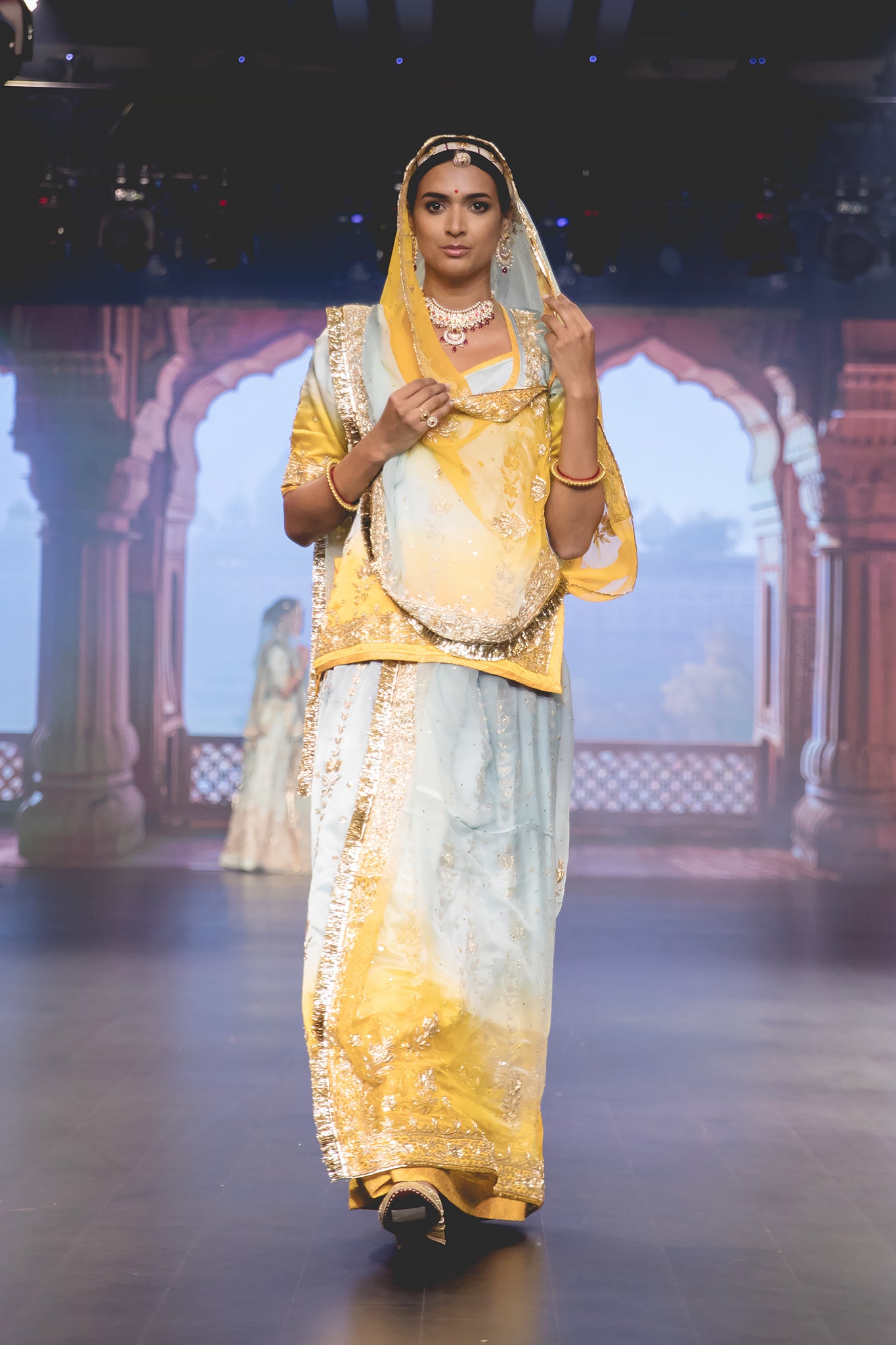 Yellow Gray Ombre Pure Satin Salma Dabka Zardozi Handwork Poshak with pure odhna (unstitched)