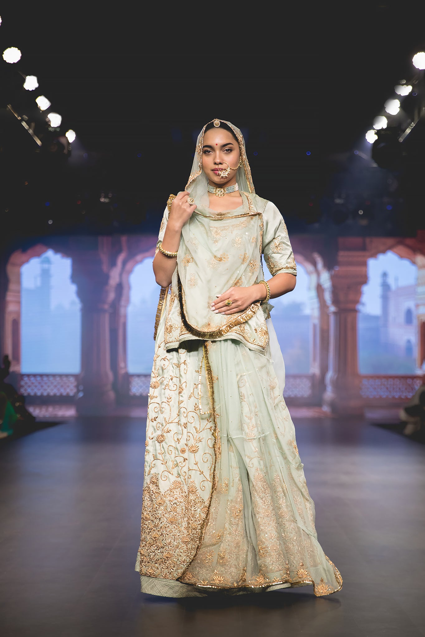 Light Olive Pure Satin Dabka Tari work Handwork Poshak with pure odhna (unstitched)