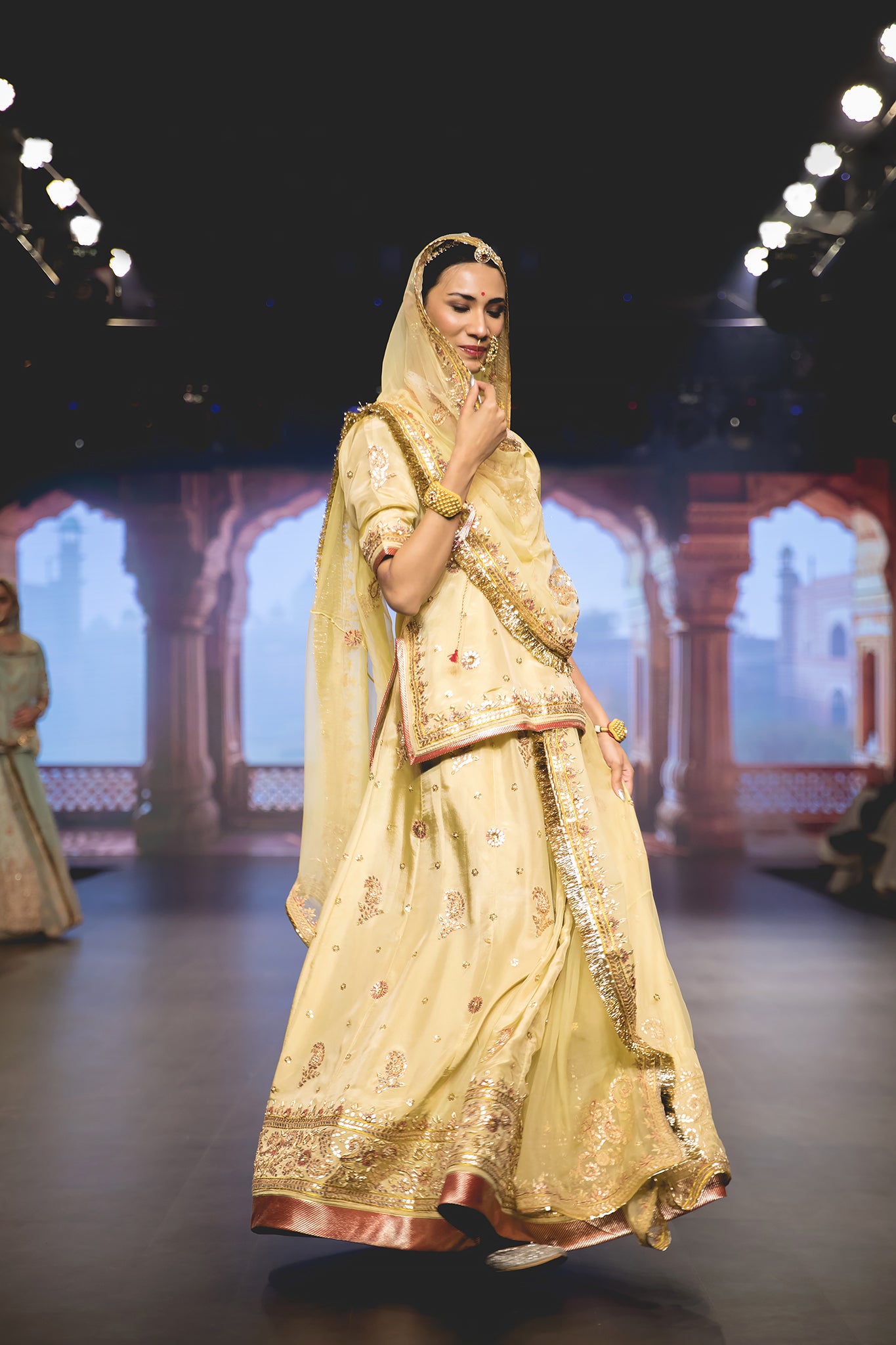 Butter Yellow Viscose Tissue Gotta Patti Zardozi Handwork Poshak with pure odhna (unstitched)
