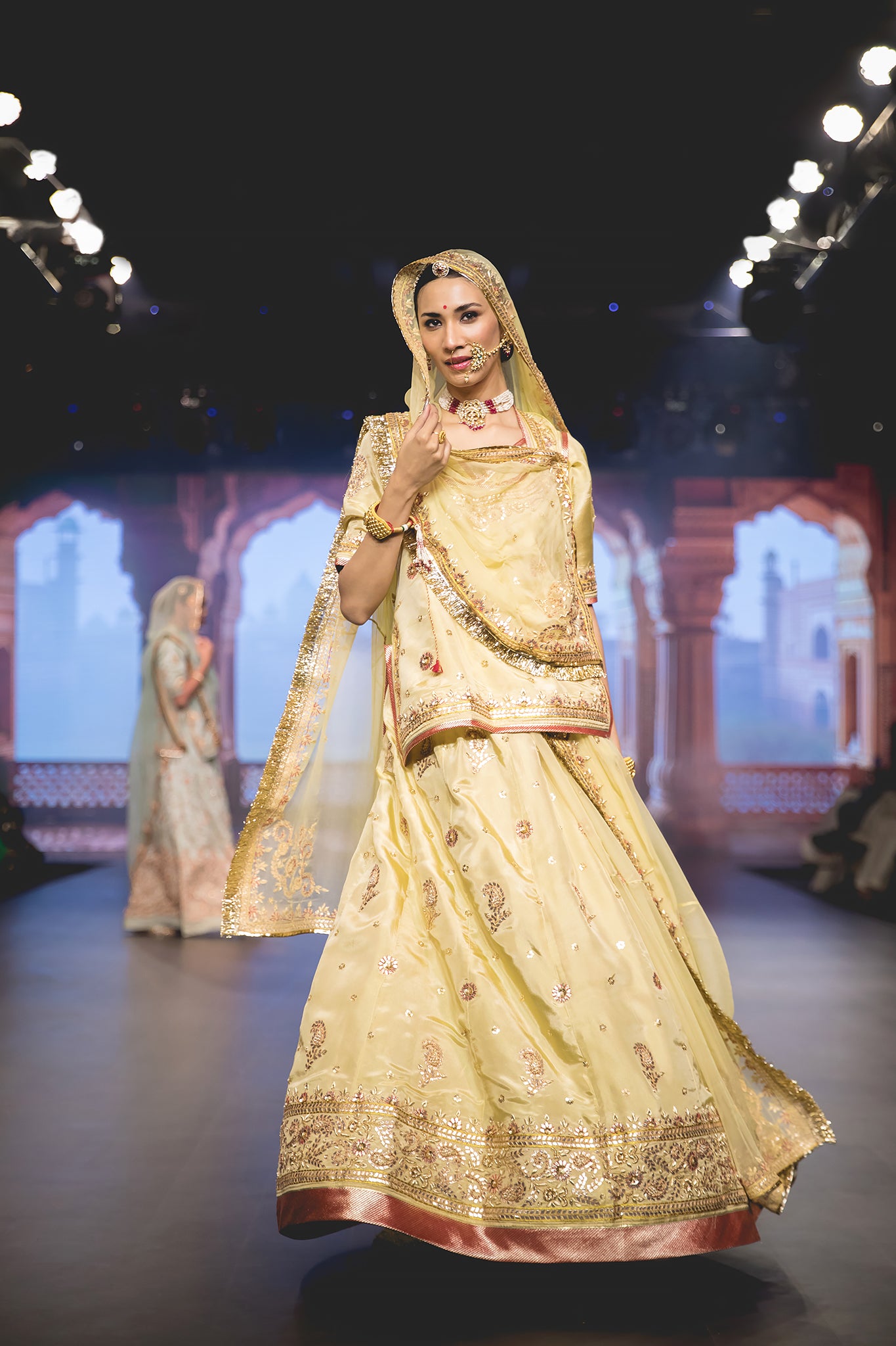 Butter Yellow Viscose Tissue Gotta Patti Zardozi Handwork Poshak with pure odhna (unstitched)