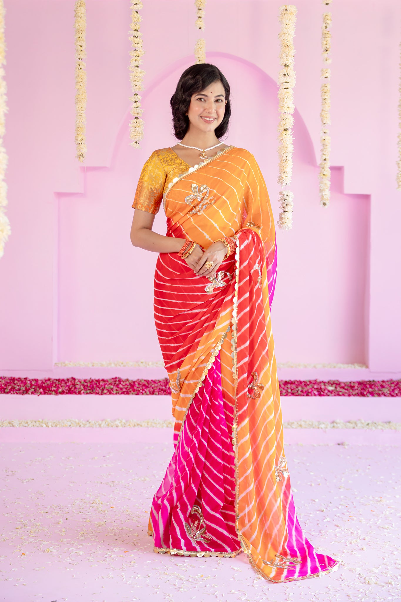 Pure Georgette 40 Gsm Multi colour Leheriya Aari Sequins Motifs Work Saree