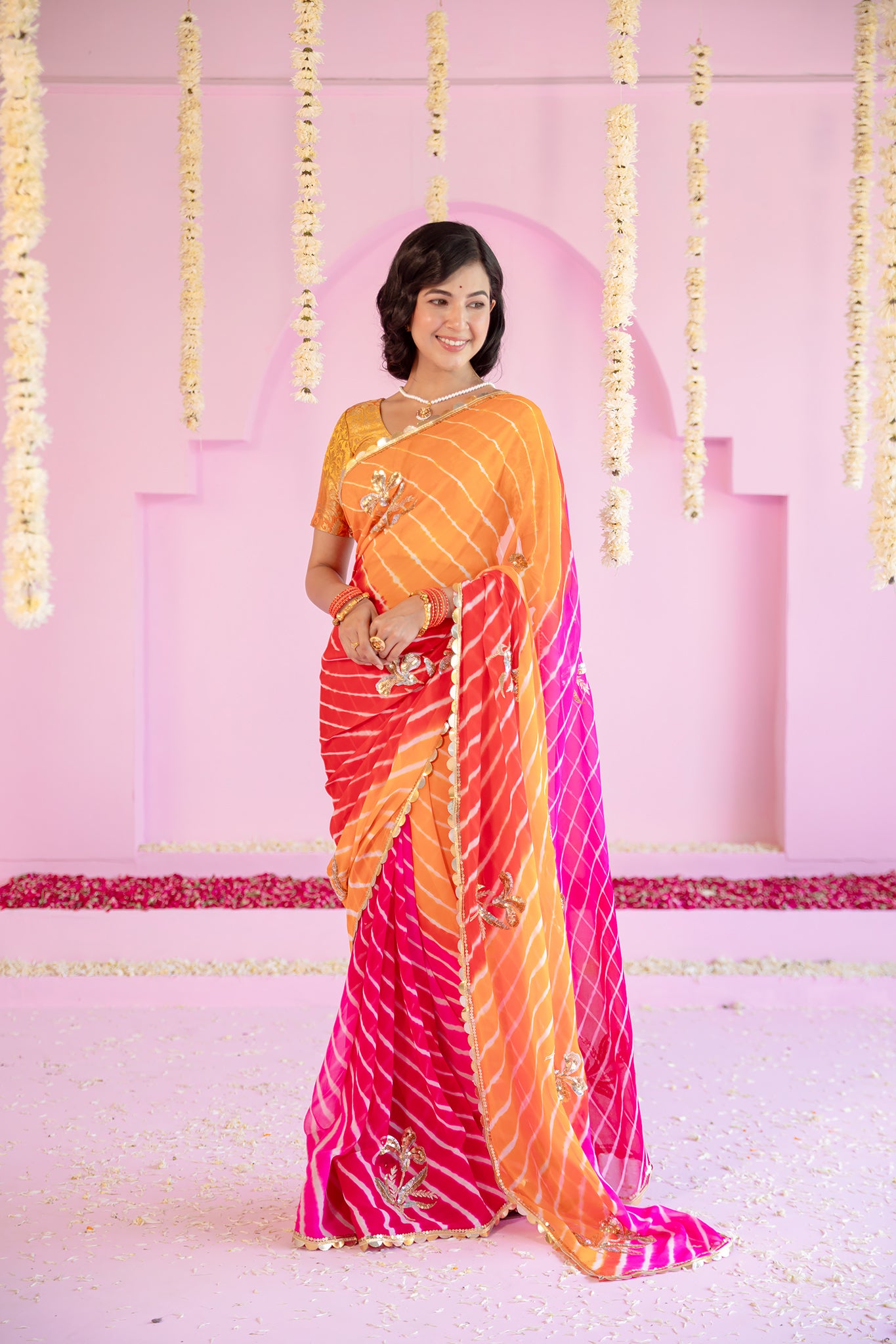 Pure Georgette 40 Gsm Multi colour Leheriya Aari Sequins Motifs Work Saree