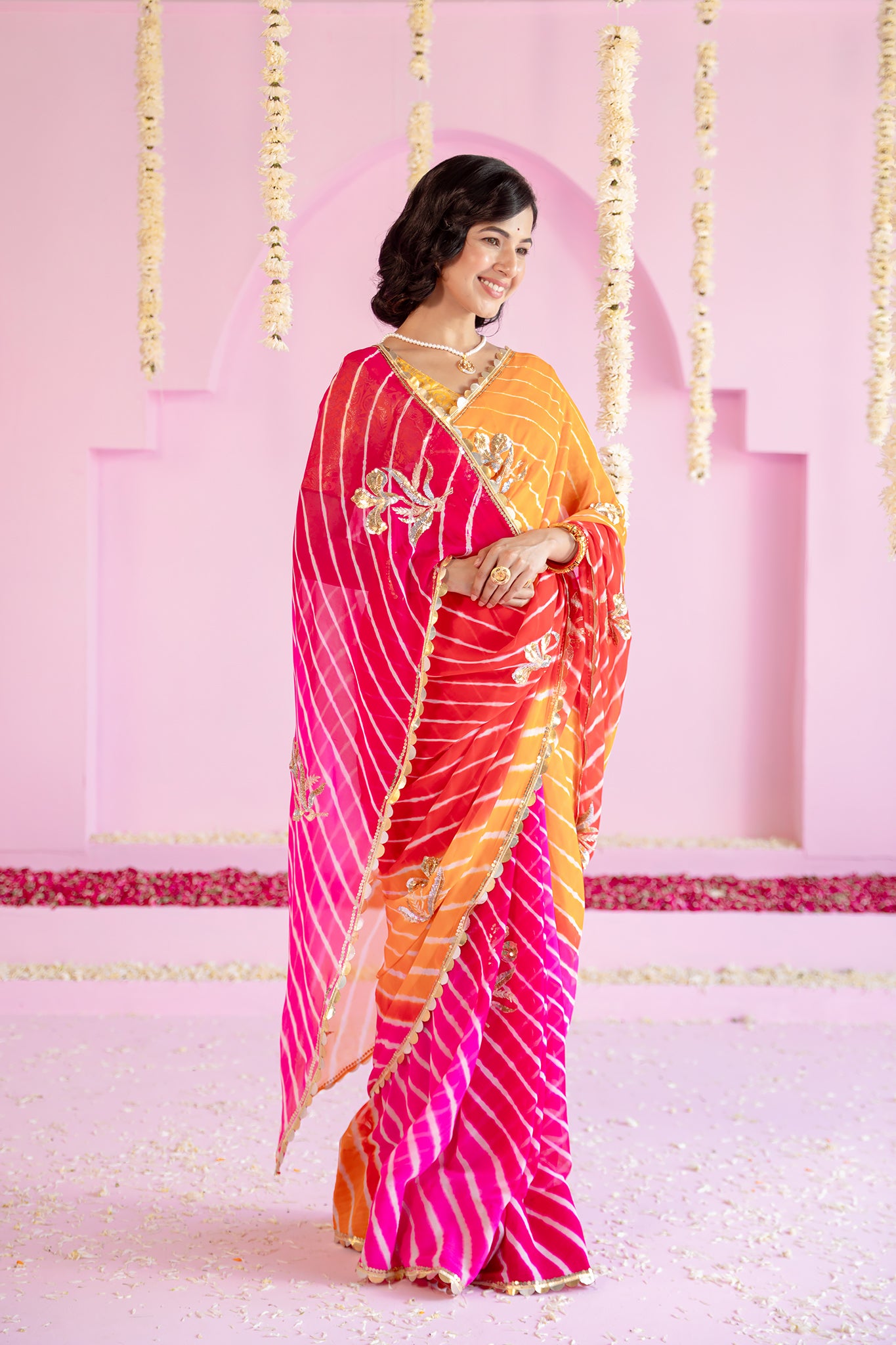 Pure Georgette 40 Gsm Multi colour Leheriya Aari Sequins Motifs Work Saree