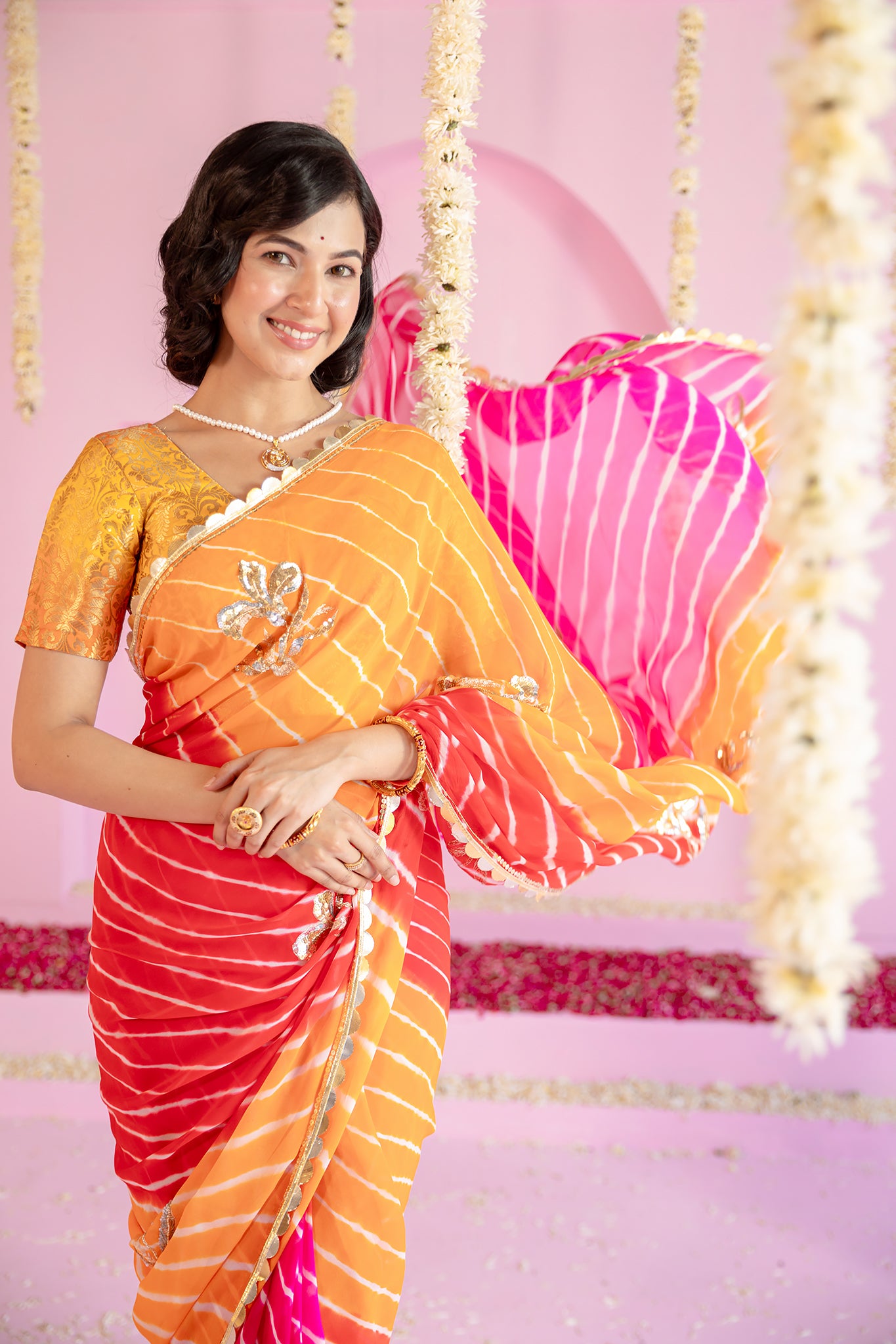 Pure Georgette 40 Gsm Multi colour Leheriya Aari Sequins Motifs Work Saree