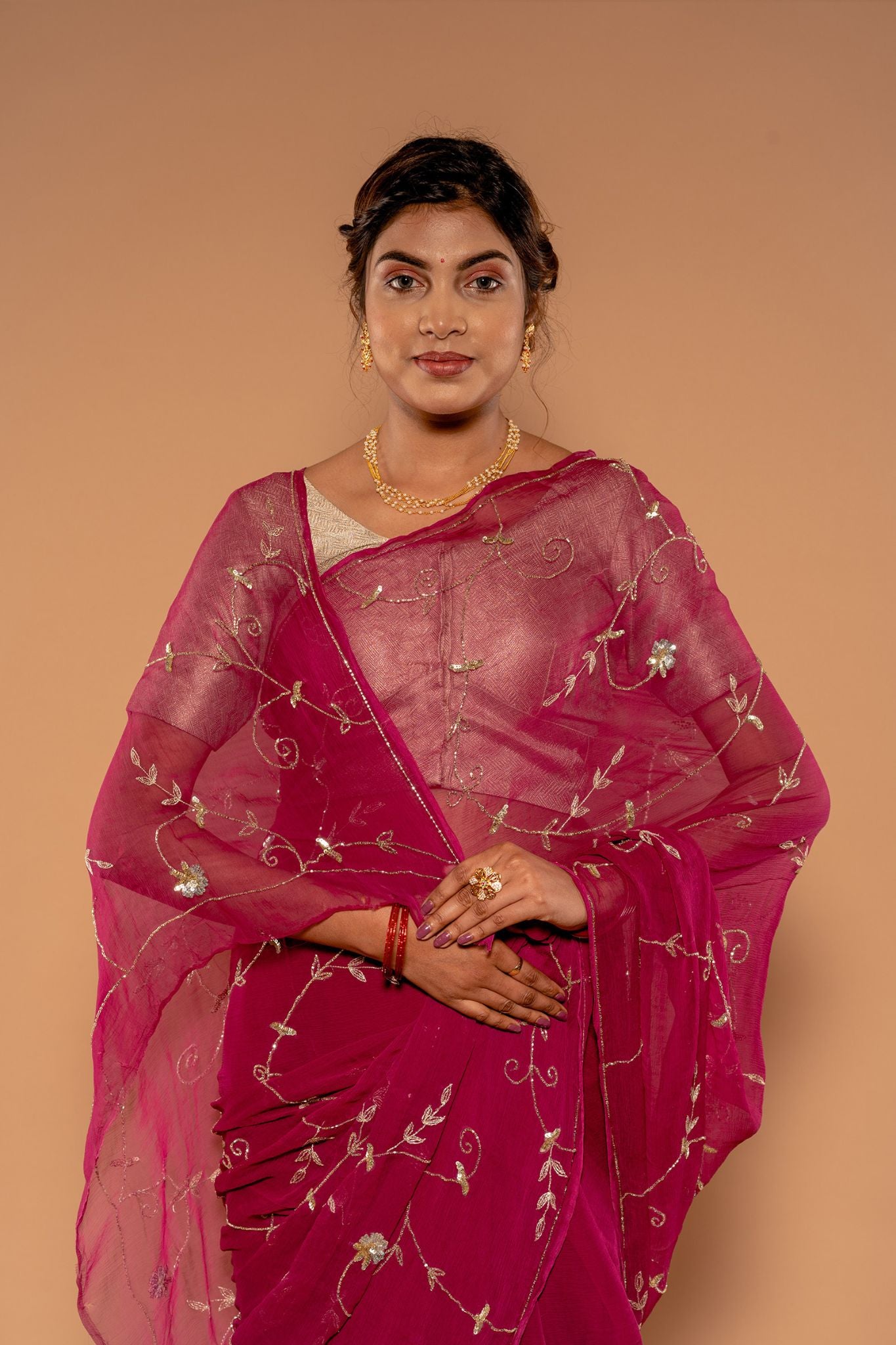 Wine Viscose Chiffon Aari sequins Jaal Handwork Saree
