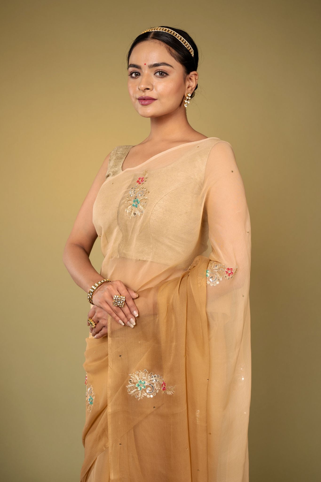 Chikku Light brown viscose chiffon aari sequins handwork casual wear saree