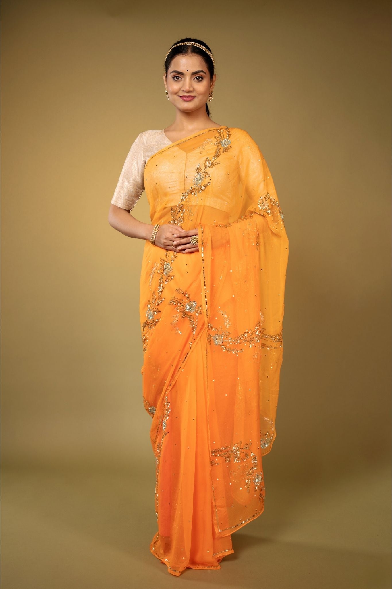 Orange light dark Viscose Chiffon aari sequins handwork party wear saree