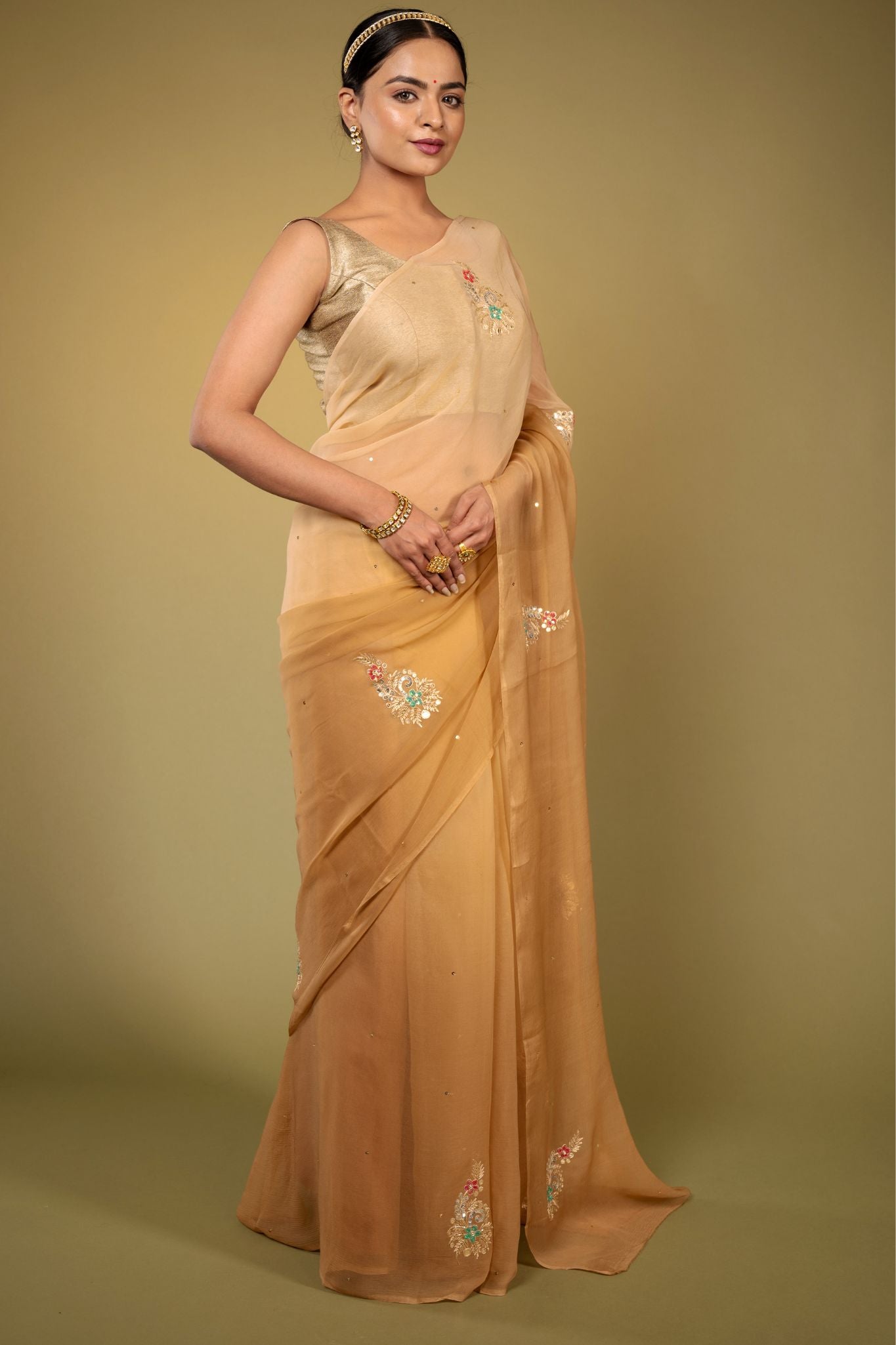 Chikku Light brown viscose chiffon aari sequins handwork casual wear saree