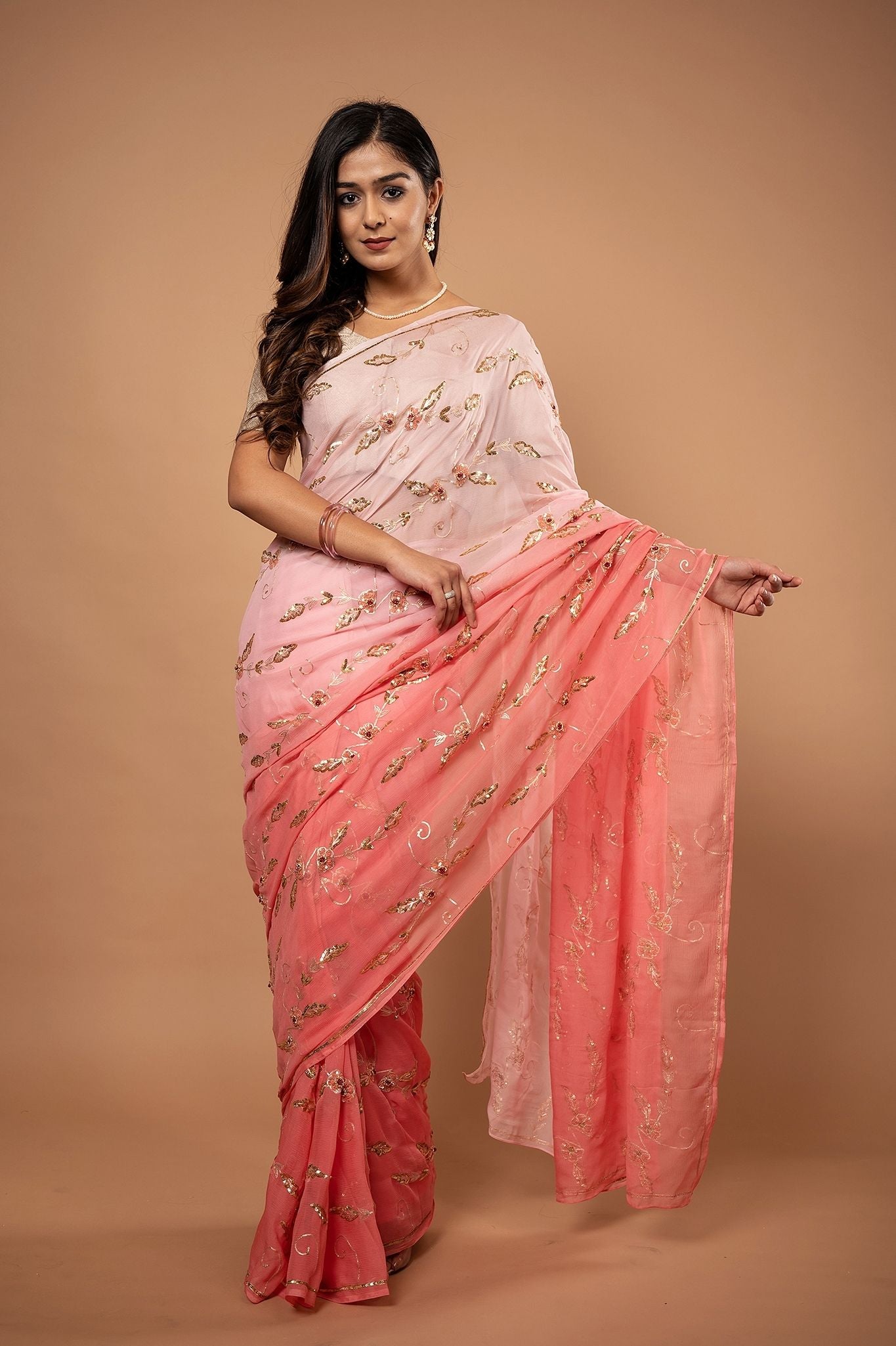Peach light dark Pure Chiffon Aari sequins jaal handwork saree
