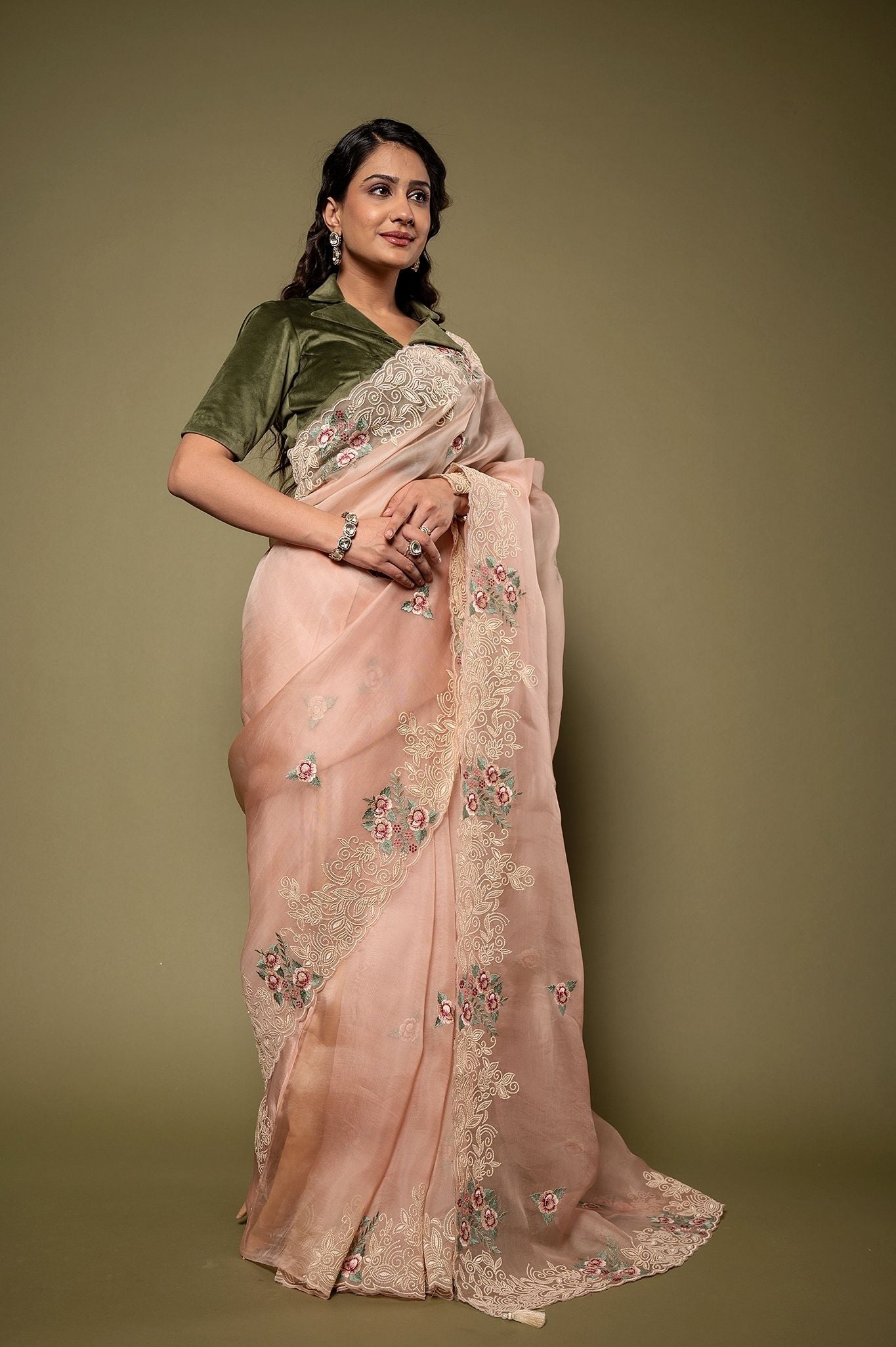 Peach Organza resham border butti Handwork saree
