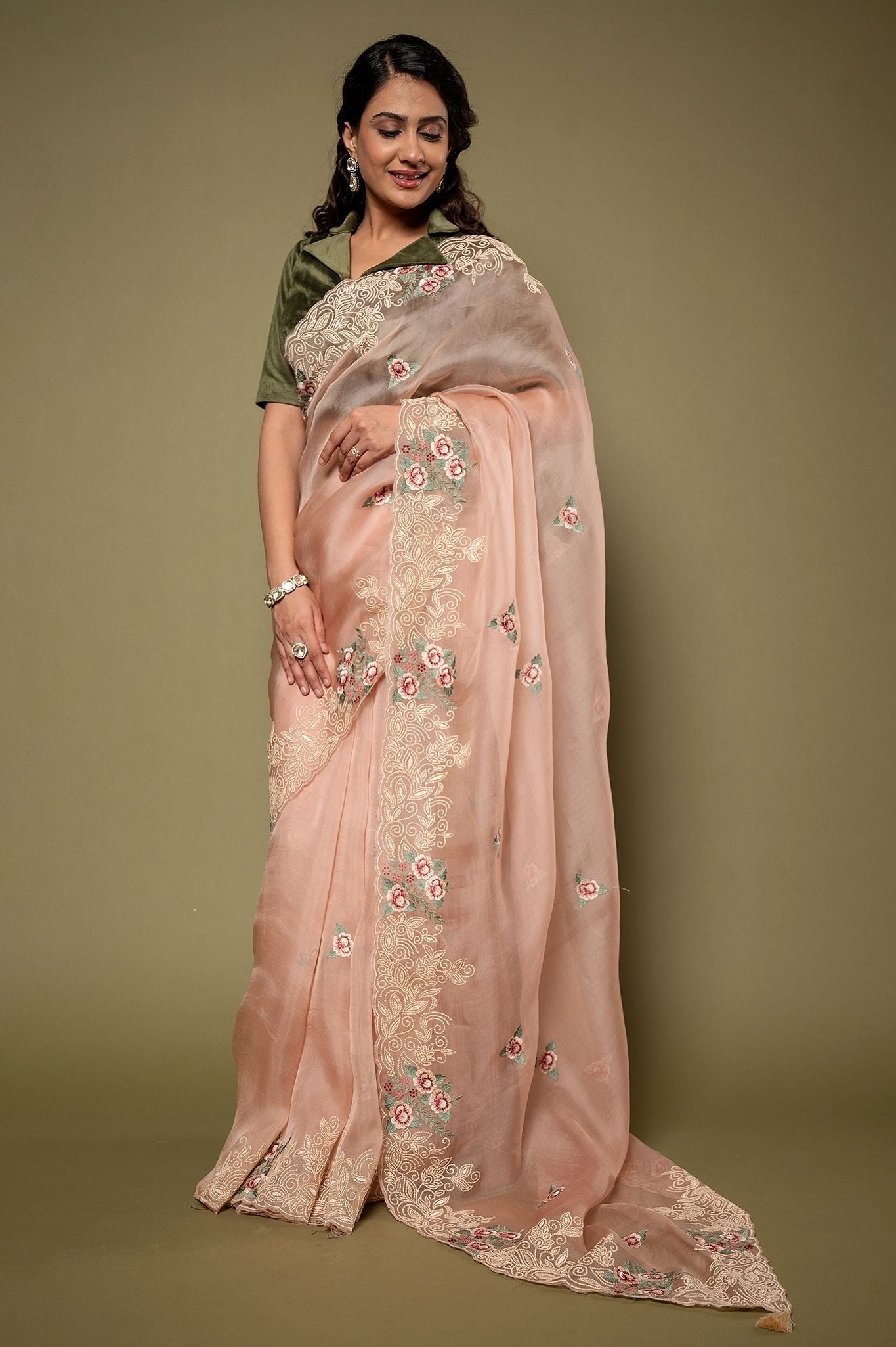 Peach Organza resham border butti Handwork saree