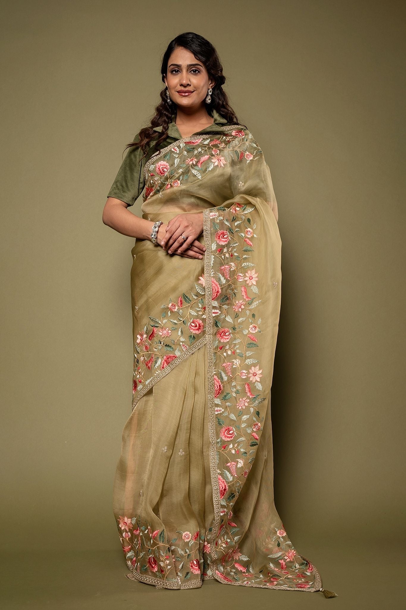 Beige Green Organza resham border butti handwork saree