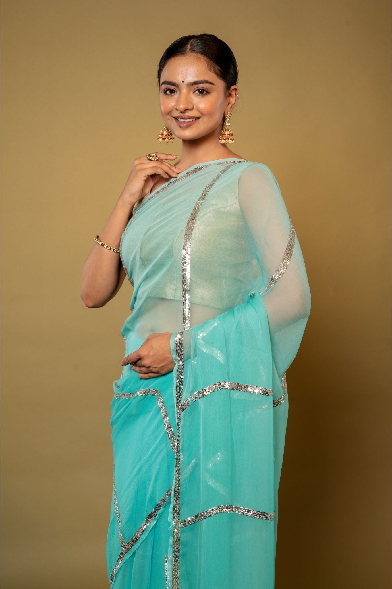 Sky blue Viscose Chiffon sequins handwork party wear saree