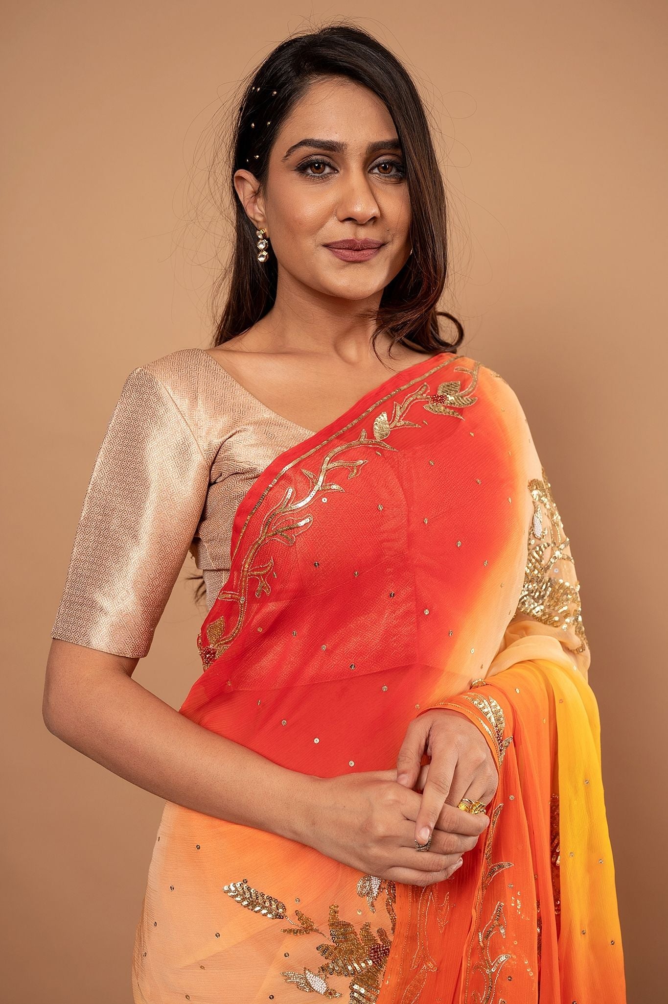 Yellow orange Pure Chiffon Aari sequins Motif handwork saree