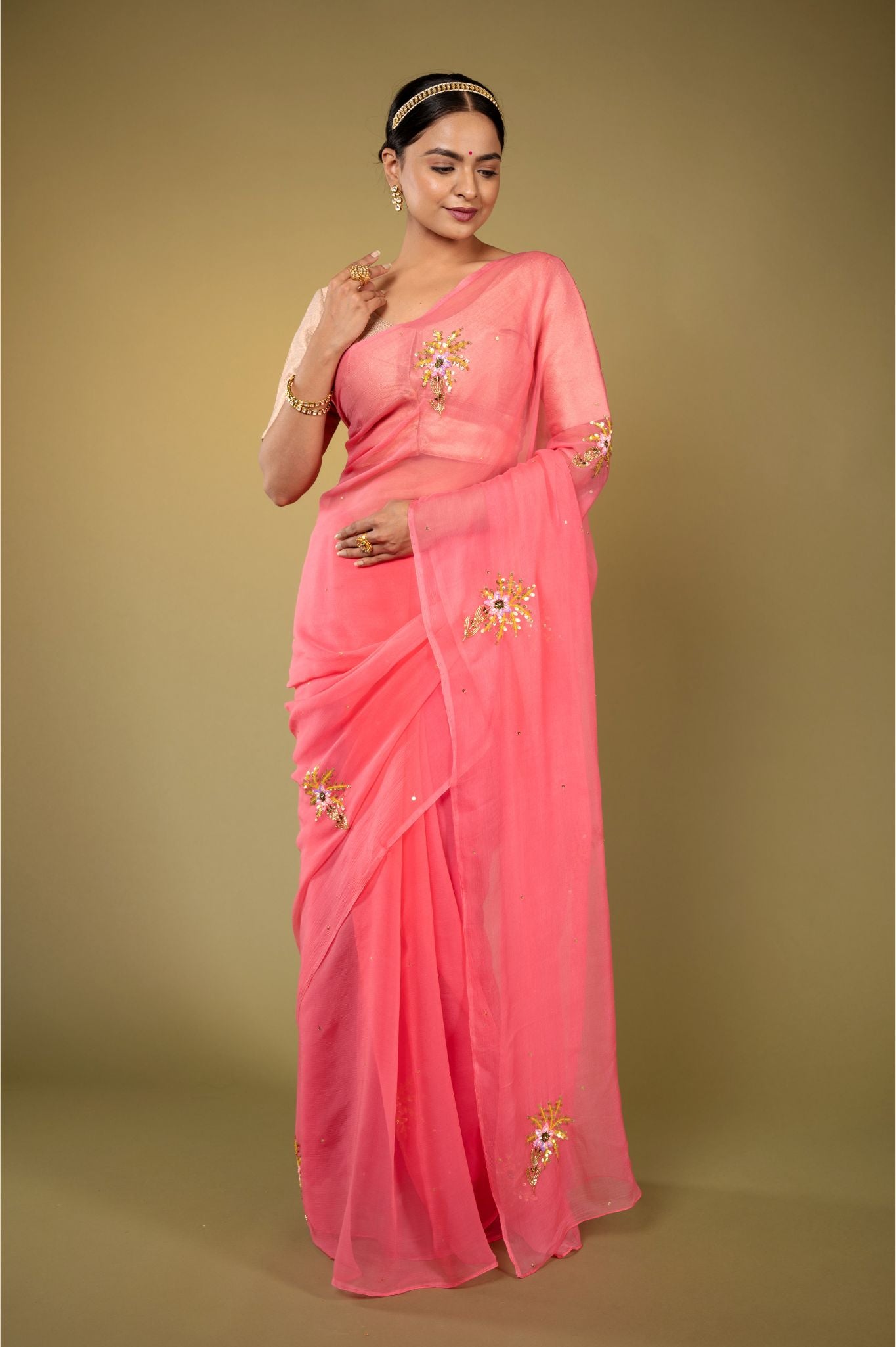 Soft pink viscose chiffon aari sequins handwork casual wear saree