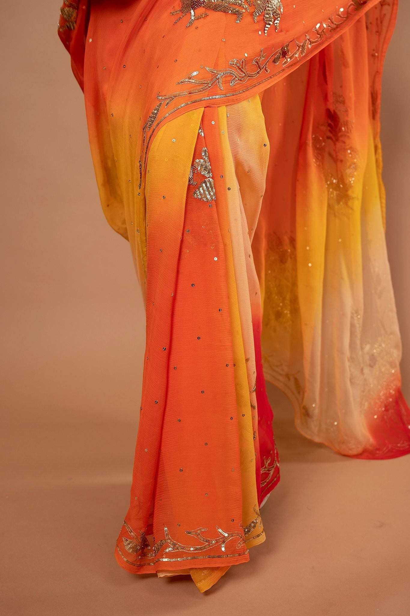 Yellow orange Pure Chiffon Aari sequins Motif handwork saree