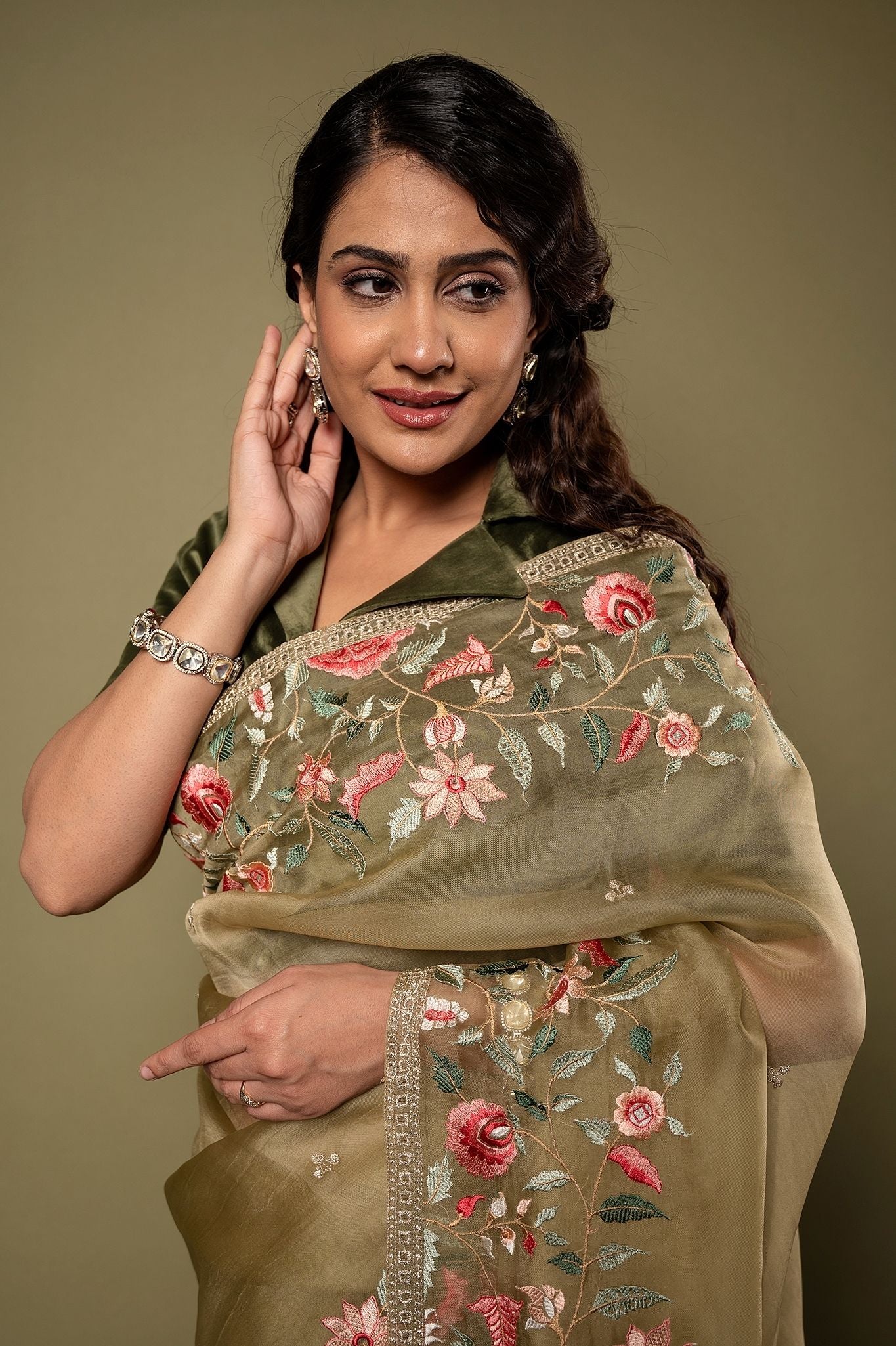 Beige Green Organza resham border butti handwork saree