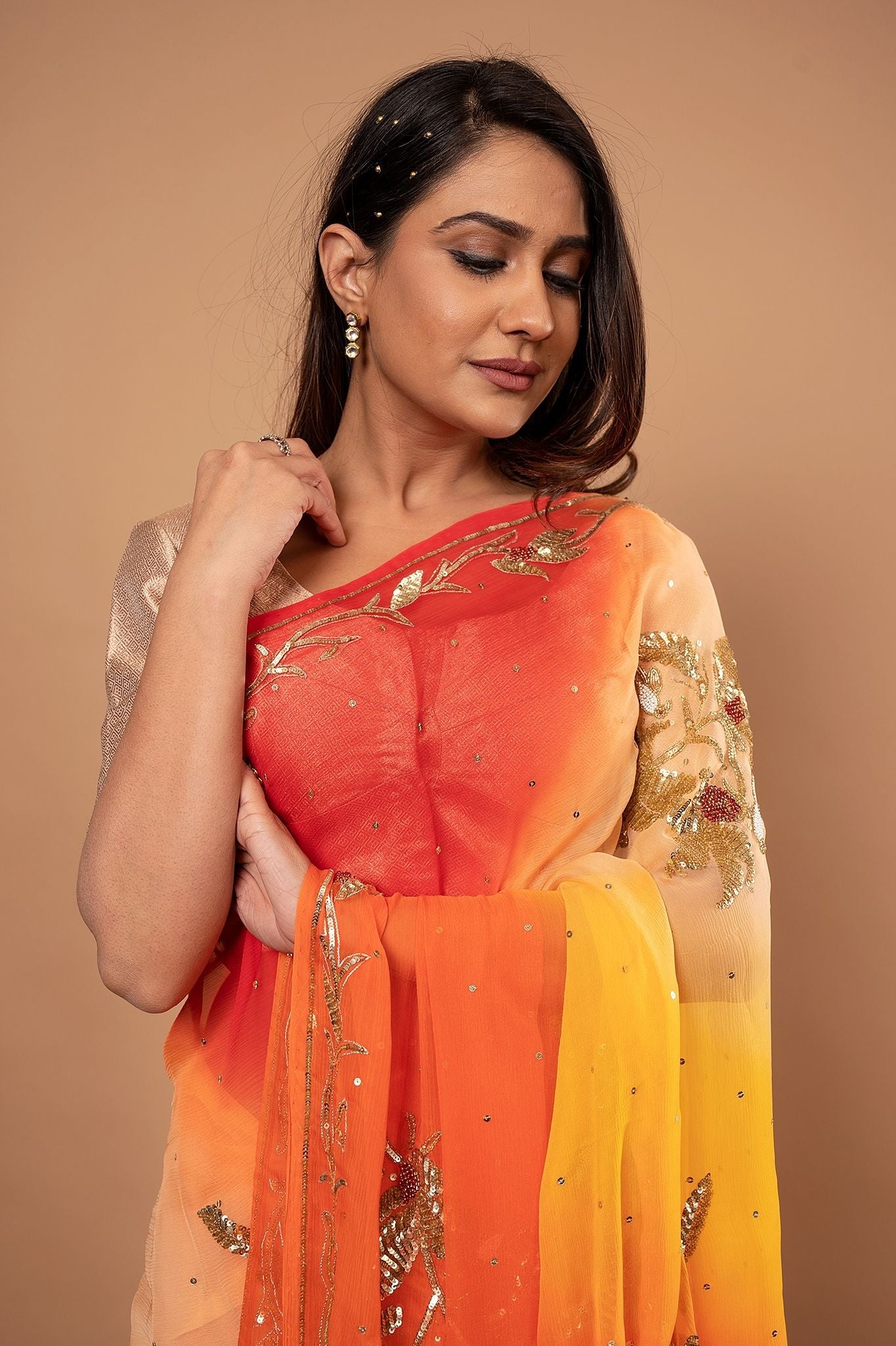 Yellow orange Pure Chiffon Aari sequins Motif handwork saree
