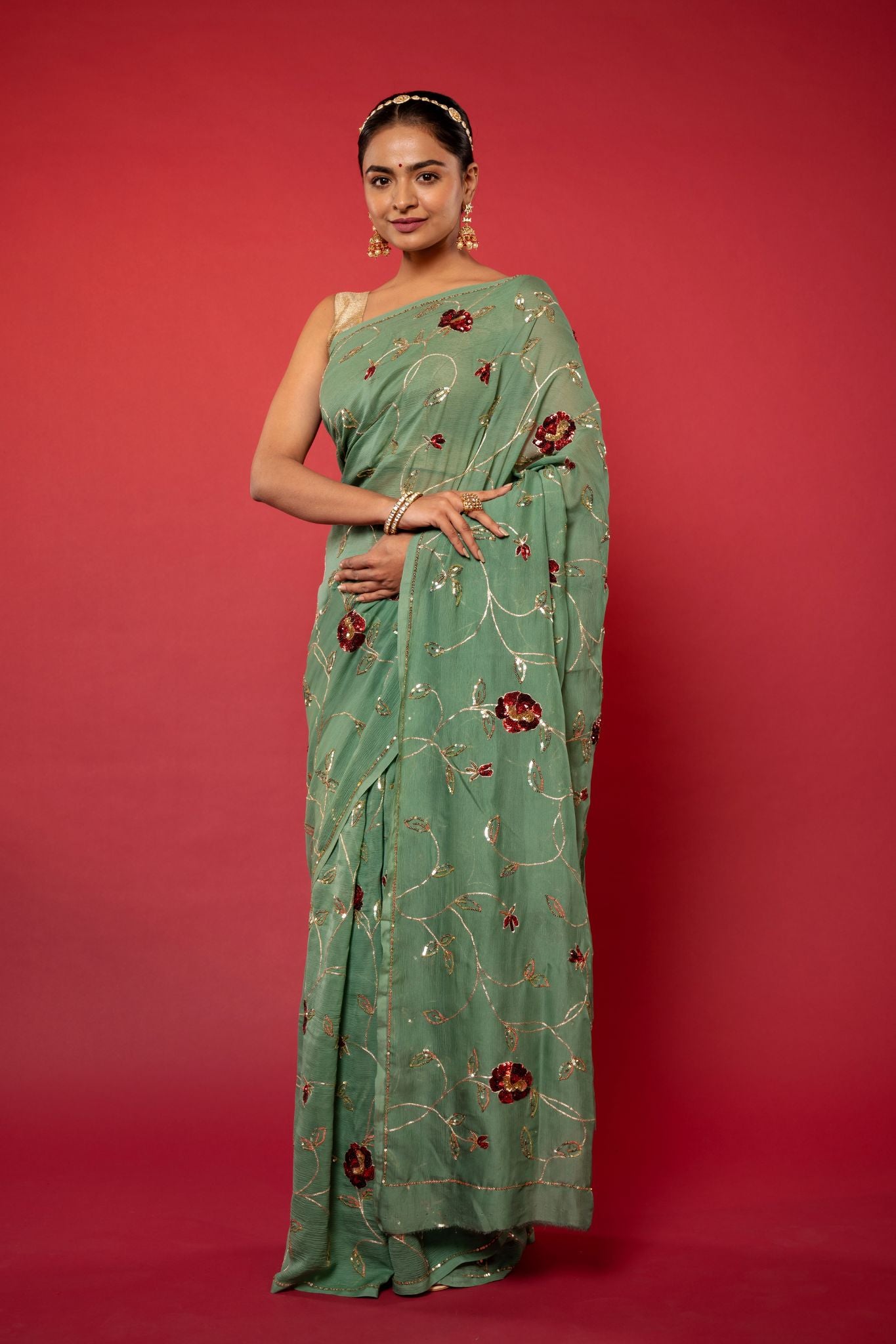 Oilve pure chiffon sequins jaal handwork saree