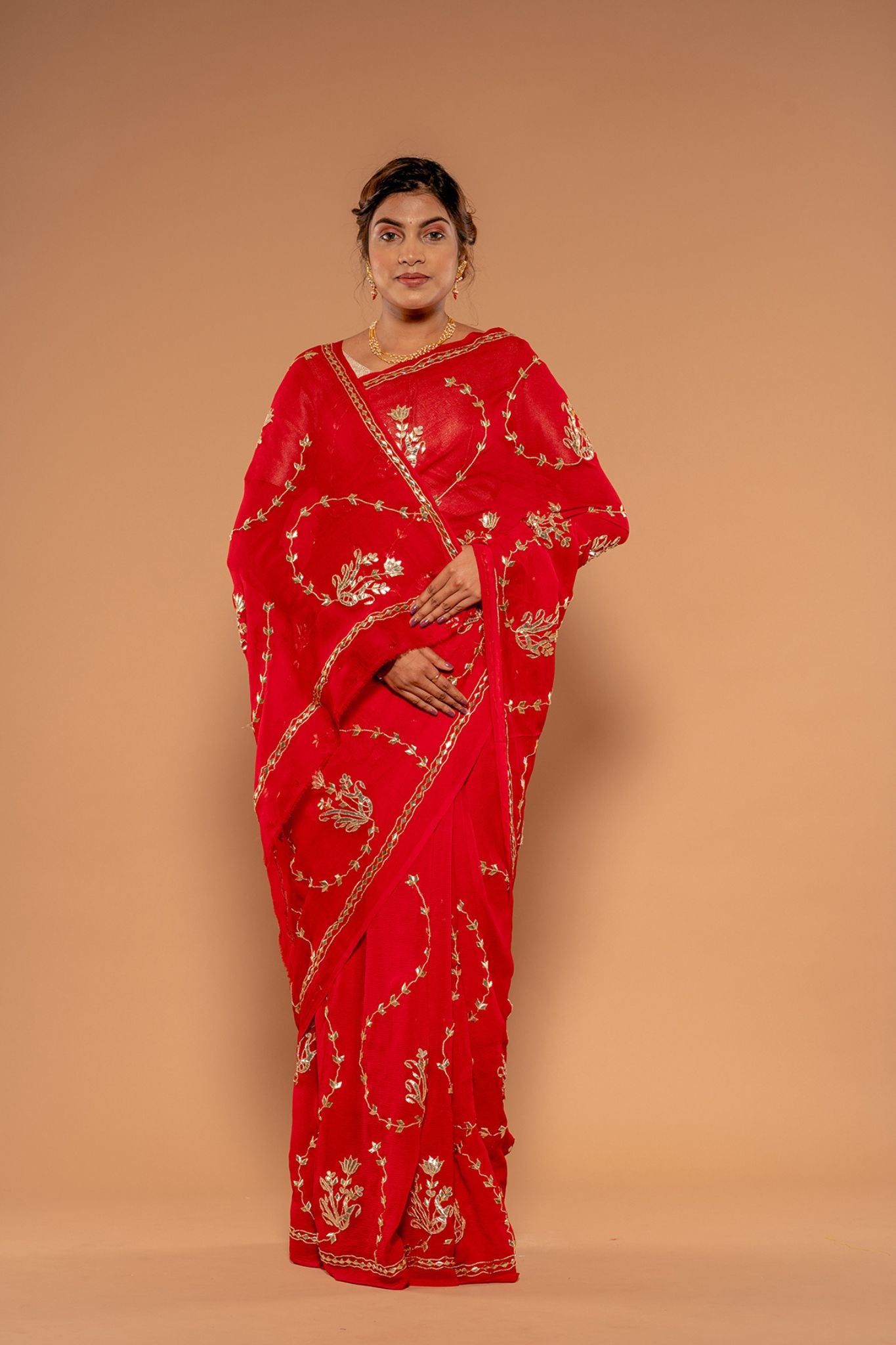 Tamatri Red Viscose Chiffon Tori Gota Patti Handwork Saree