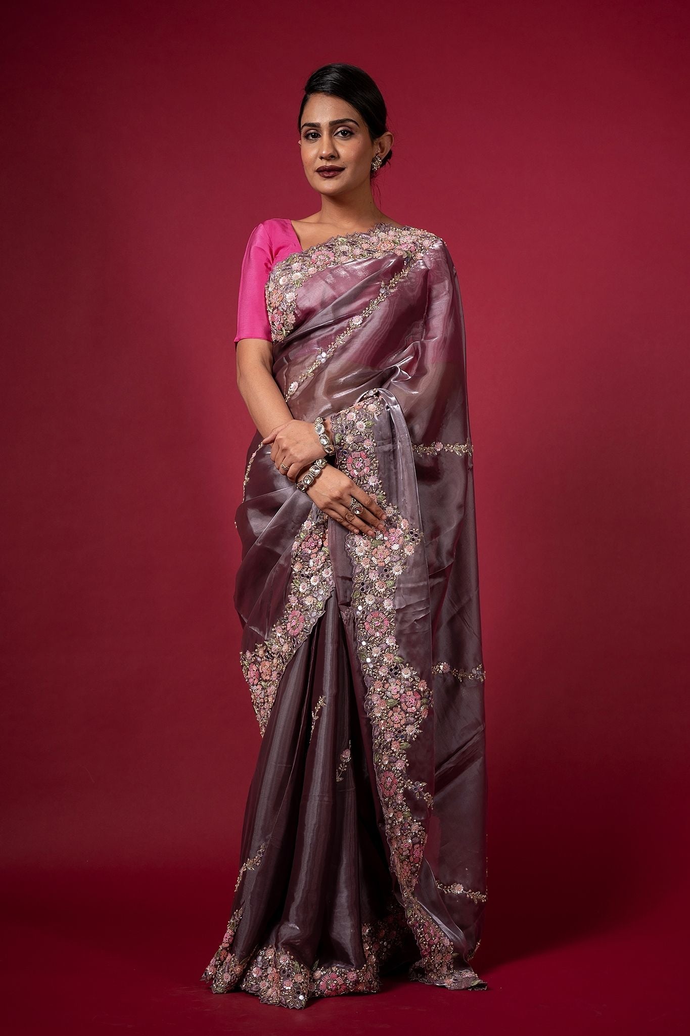 Purple Tissue organza pearl sequins kardana resham handwork saree