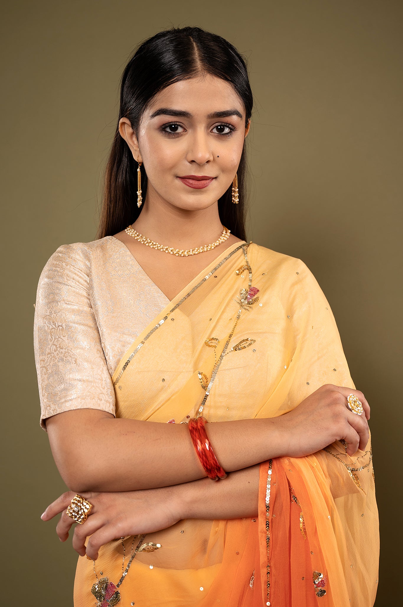 Orange light dark viscose chiffon aari sequins handwork casual wear saree