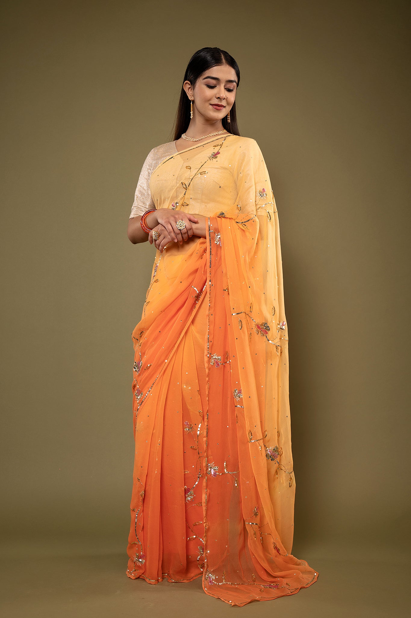 Orange light dark viscose chiffon aari sequins handwork casual wear saree