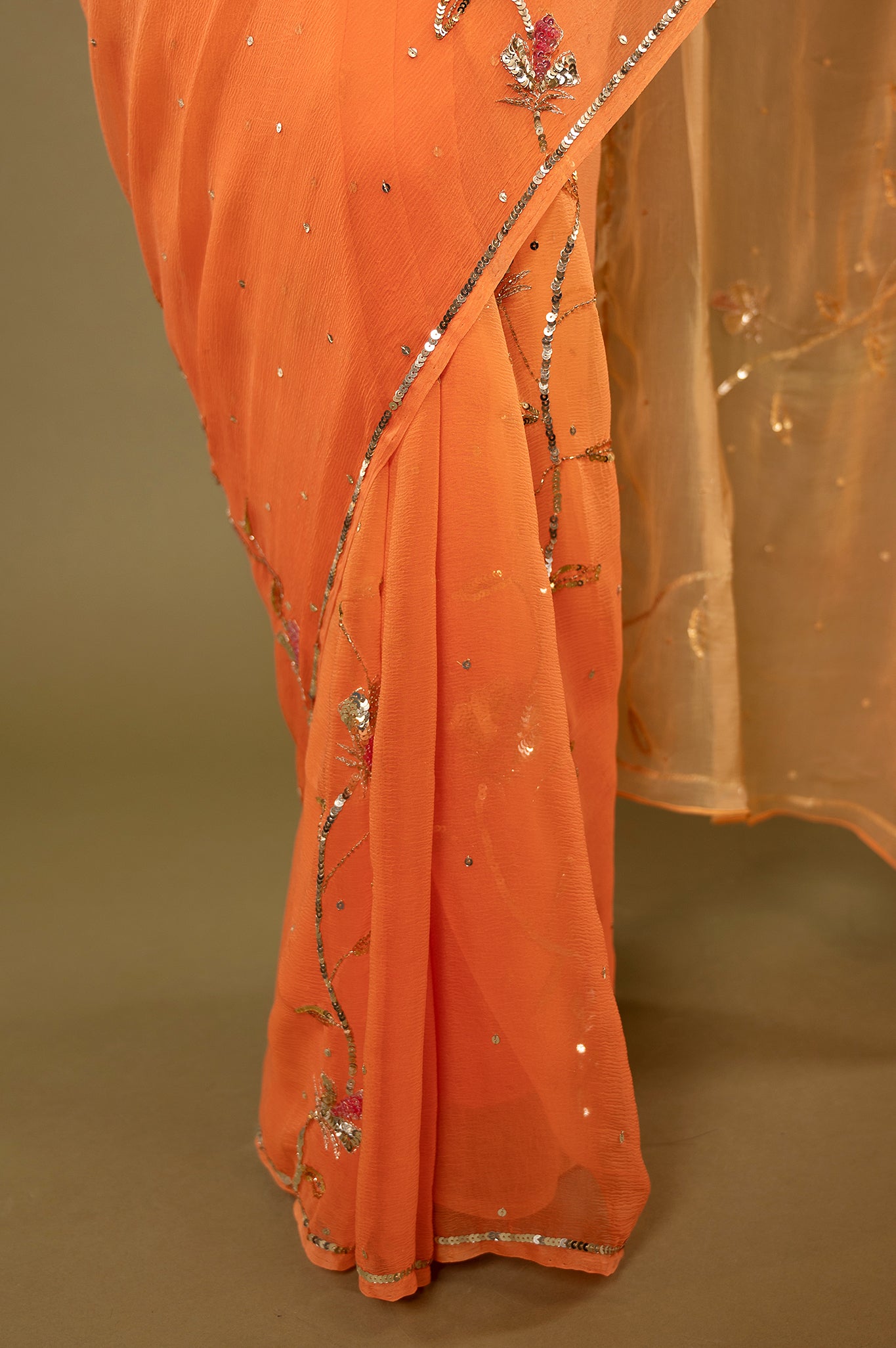 Orange light dark viscose chiffon aari sequins handwork casual wear saree