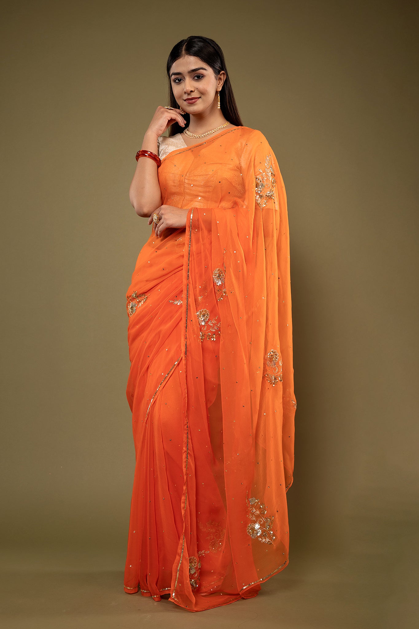 Orange light dark viscose chiffon aari sequins handwork casual wear saree