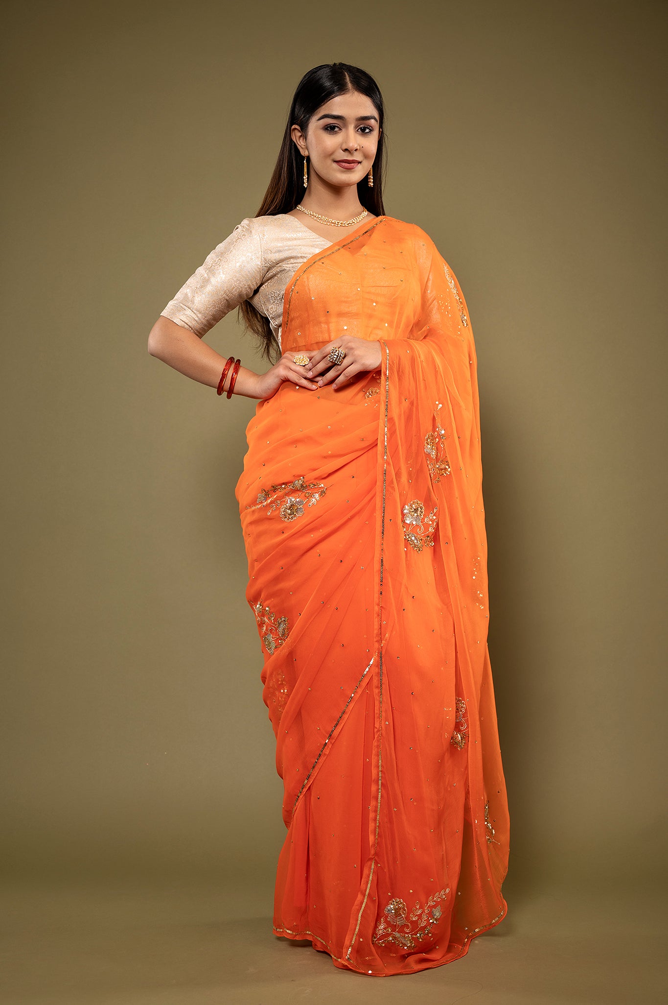 Orange light dark viscose chiffon aari sequins handwork casual wear saree