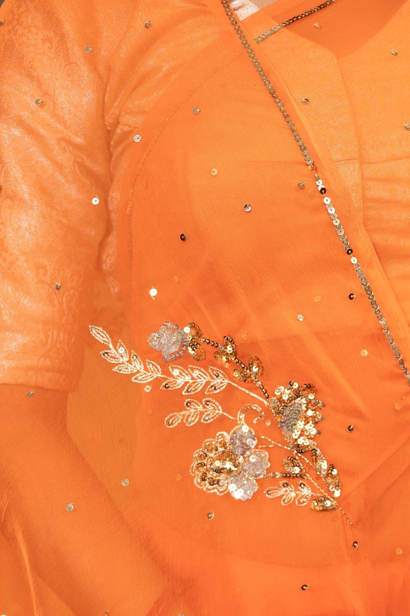 Orange light dark viscose chiffon aari sequins handwork casual wear saree