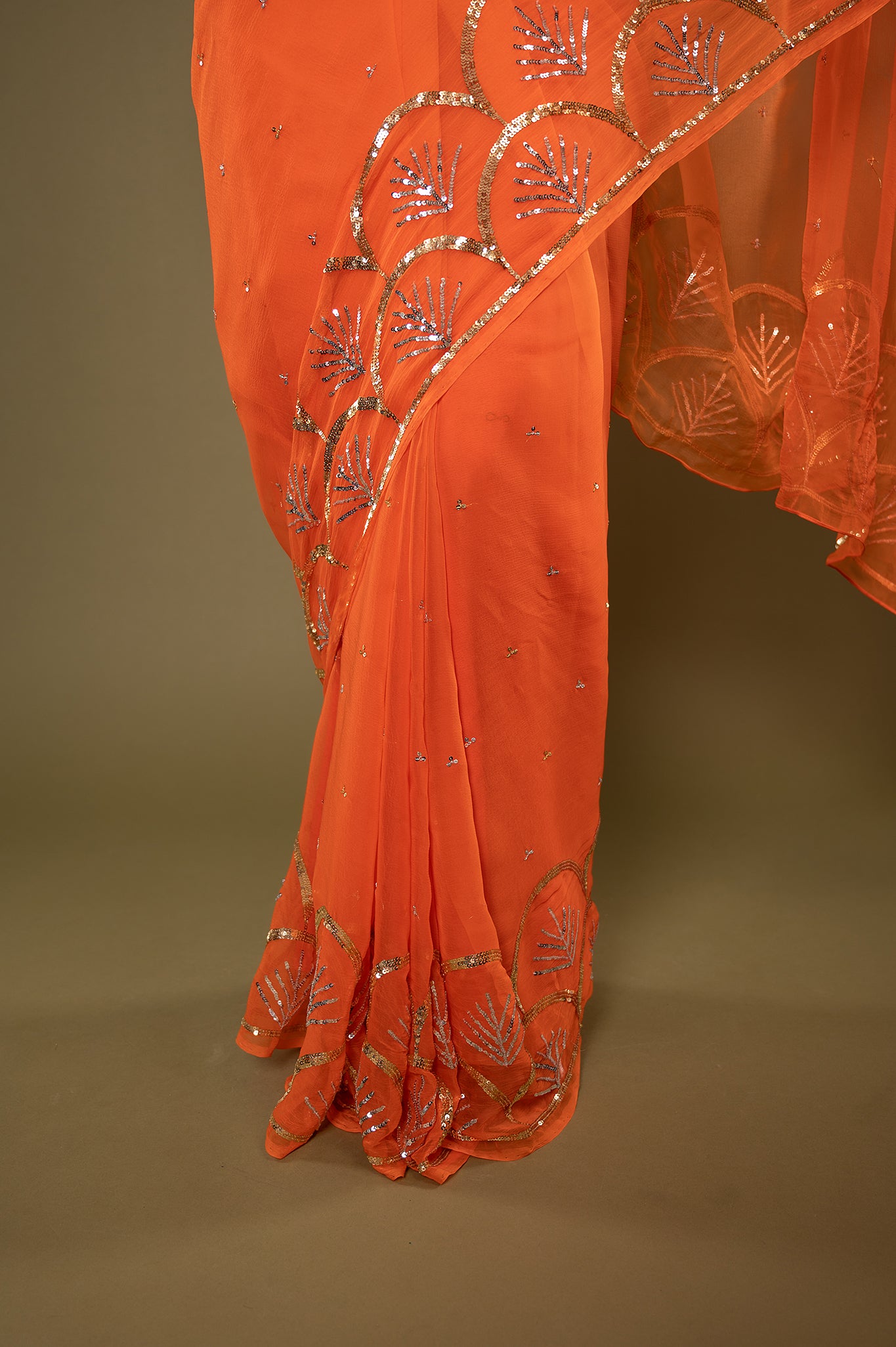 Orange viscose chiffon sequins border butti handwork casual wear saree