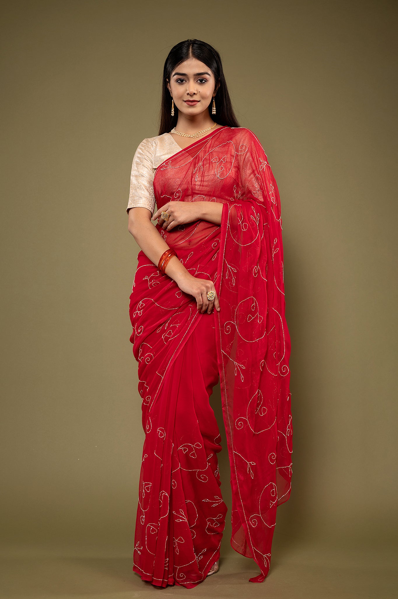 Red viscose chiffon kardana jaal handwork casual wear saree