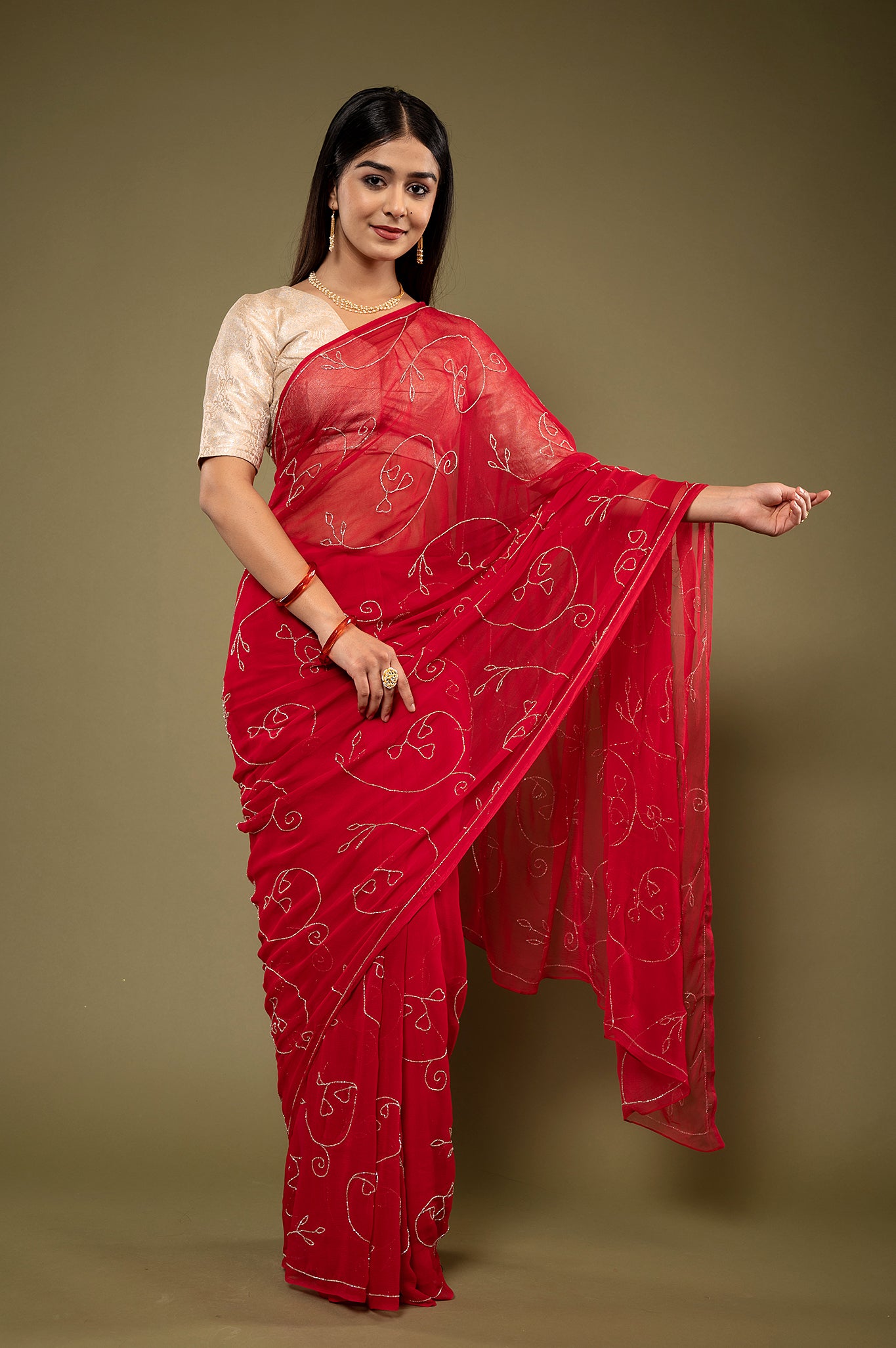 Red viscose chiffon kardana jaal handwork casual wear saree