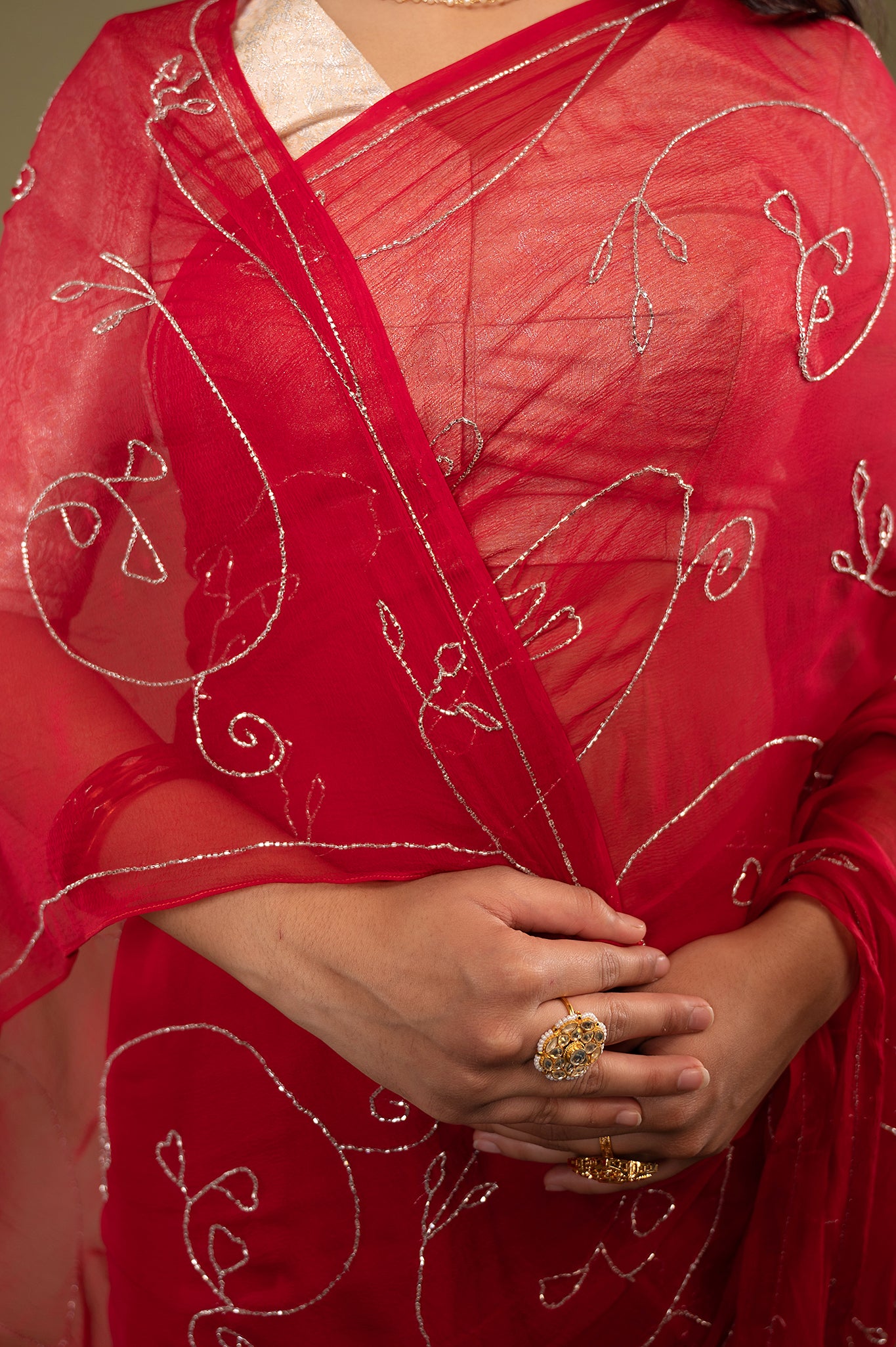 Red viscose chiffon kardana jaal handwork casual wear saree