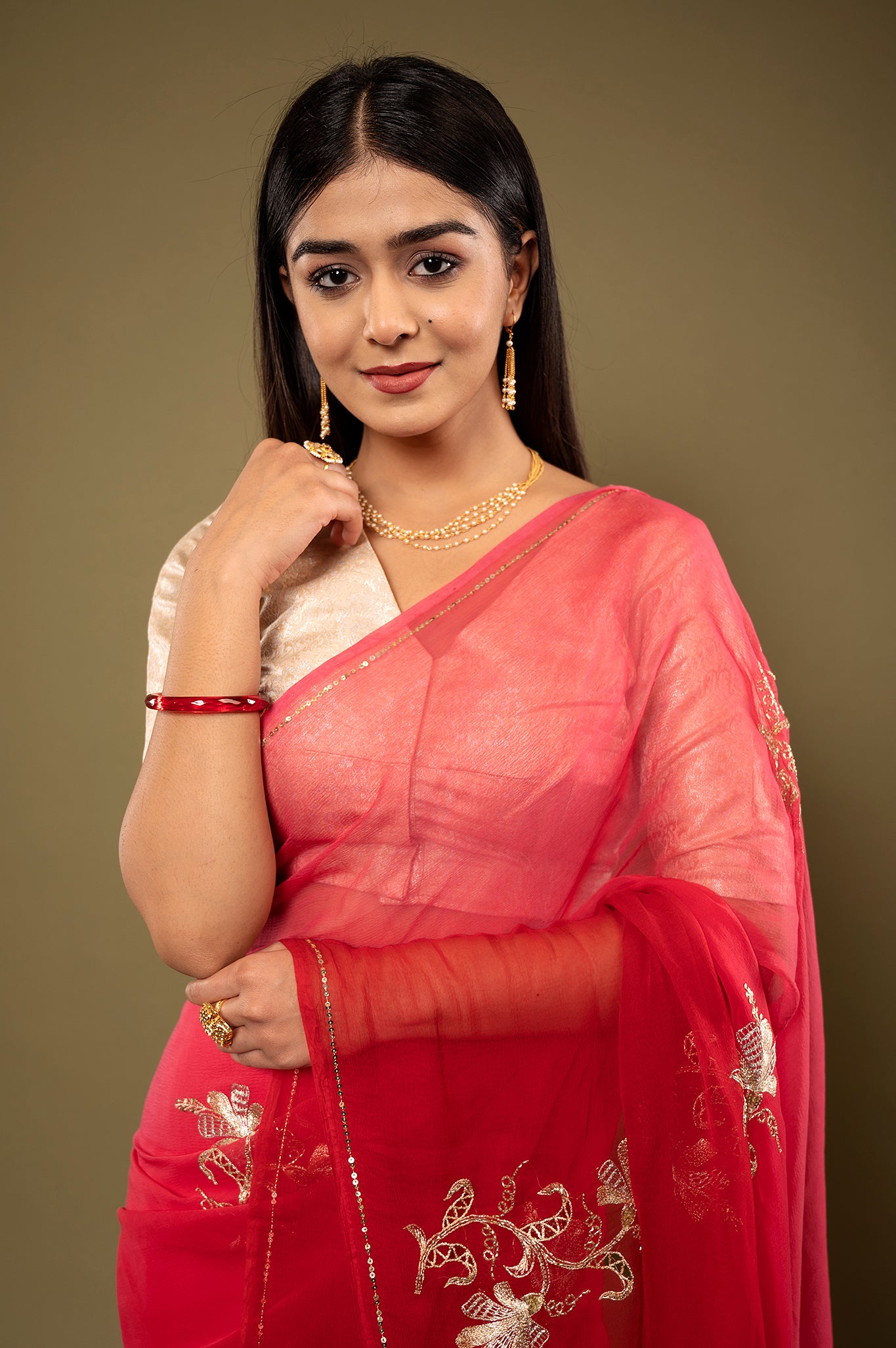 Red light dark viscose chiffon aari kardana motif handwork casual wear saree