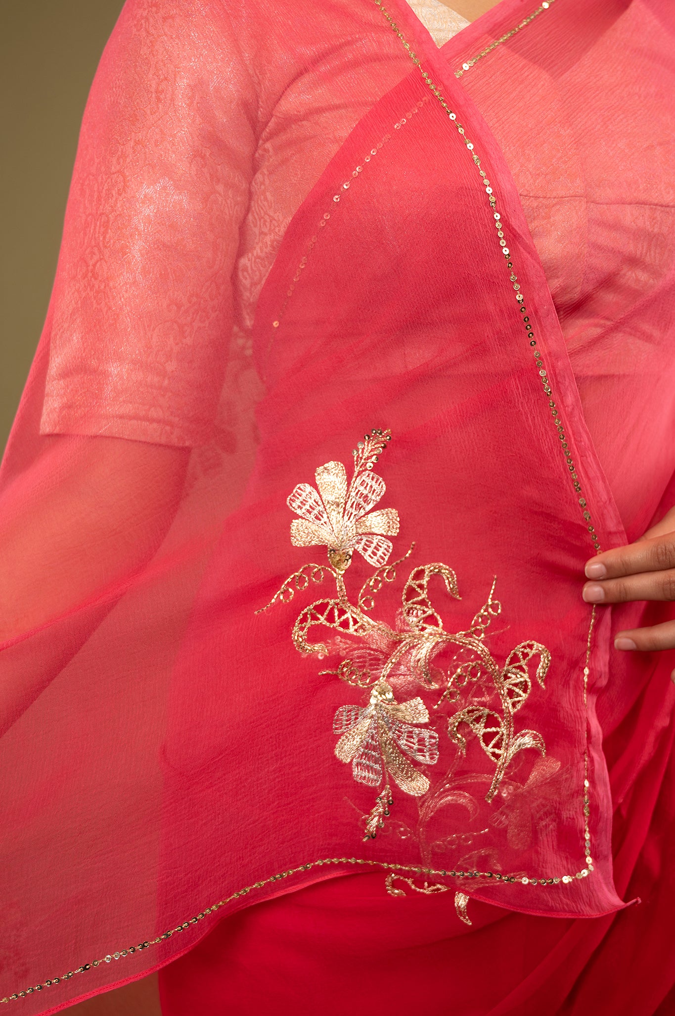 Red light dark viscose chiffon aari kardana motif handwork casual wear saree