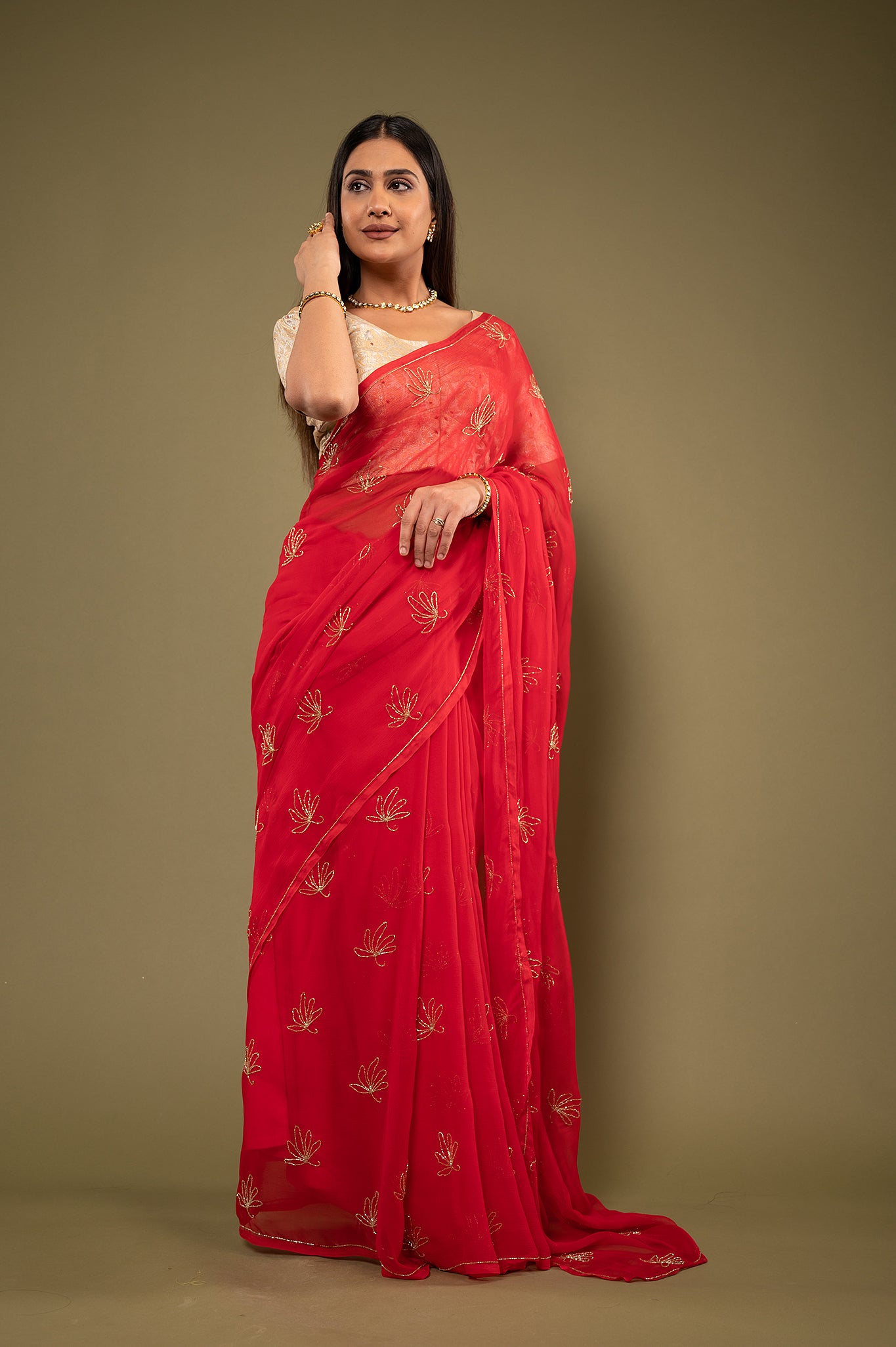 Red viscose chiffon kardana motif handwork casual wear saree