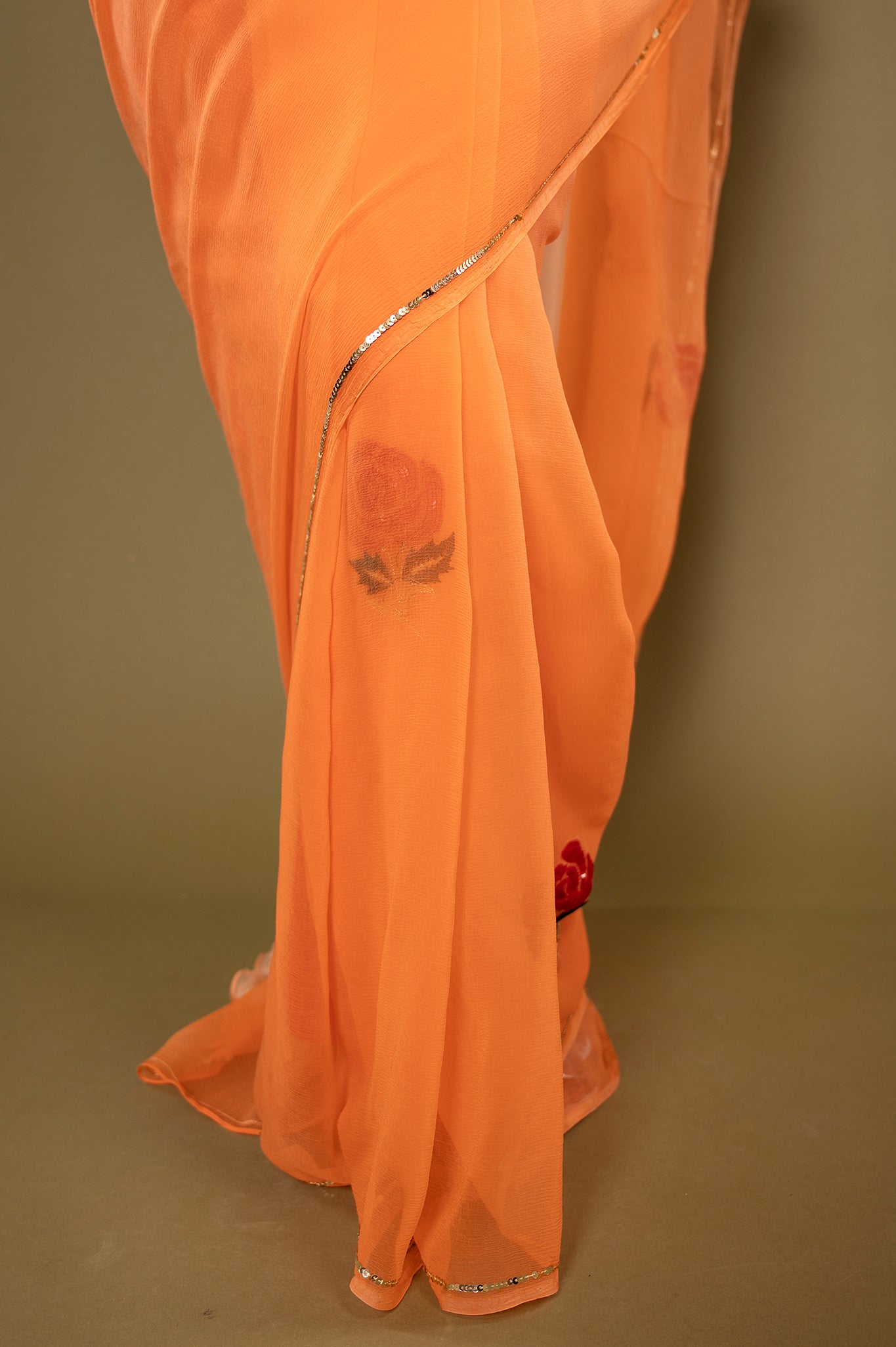 Peach light dark viscose chiffon sequins resham motif handwork casual wear saree
